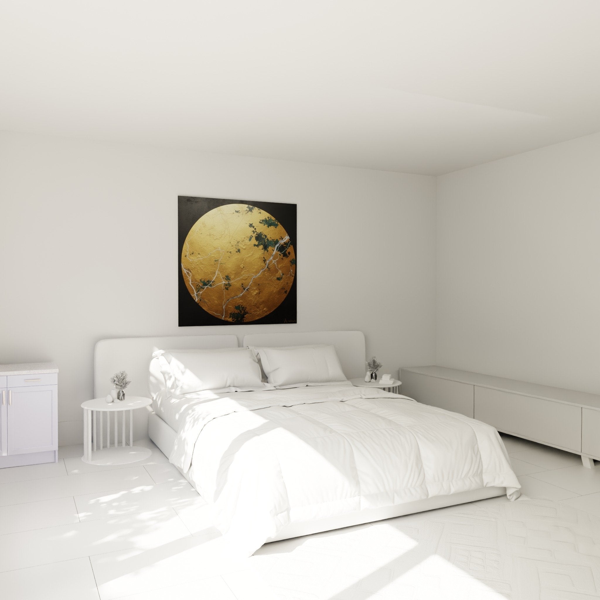 Golden circular painting with white veins in modern bedroom - elegant Enso Edition wall decoration