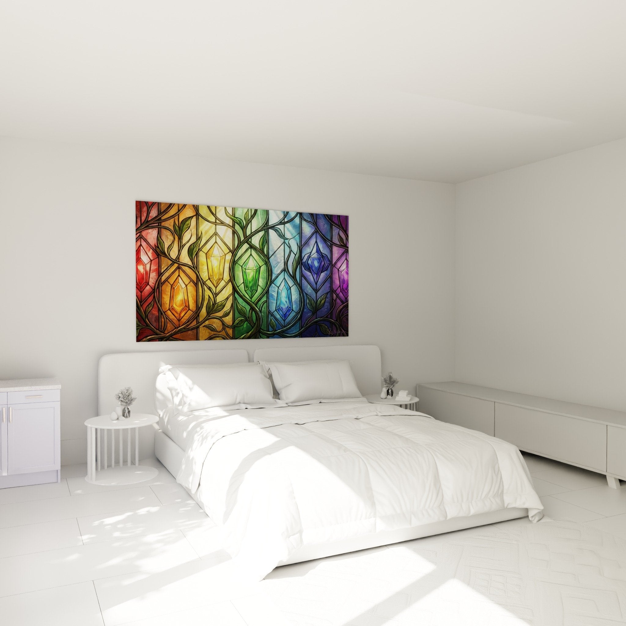 Tableau chakras arc-en-ciel dans chambre moderne avec murs blancs et decoration zen minimaliste contemporaine