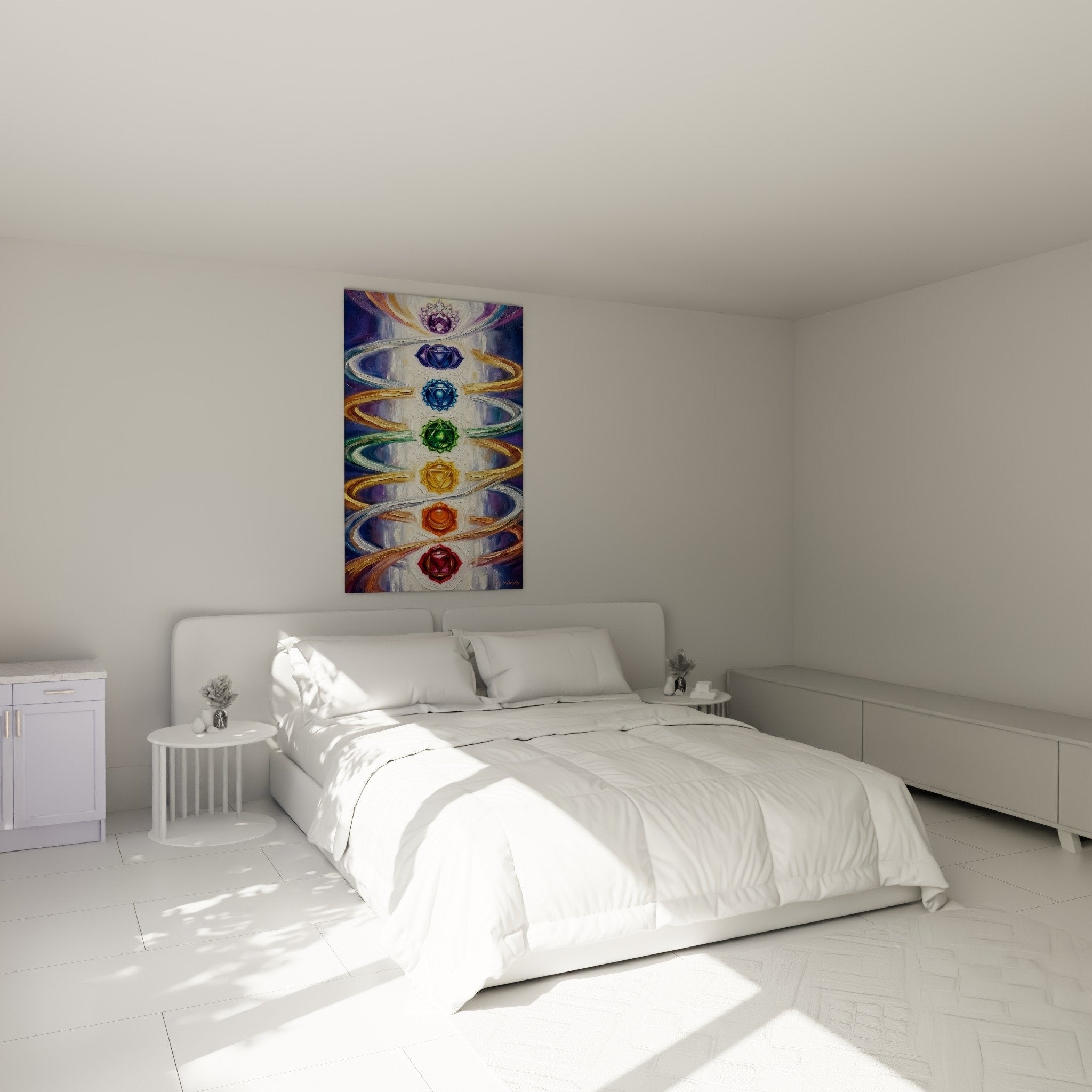 Decoration murale chakras avec spirale doree dans chambre moderne ambiance zen et spirituelle