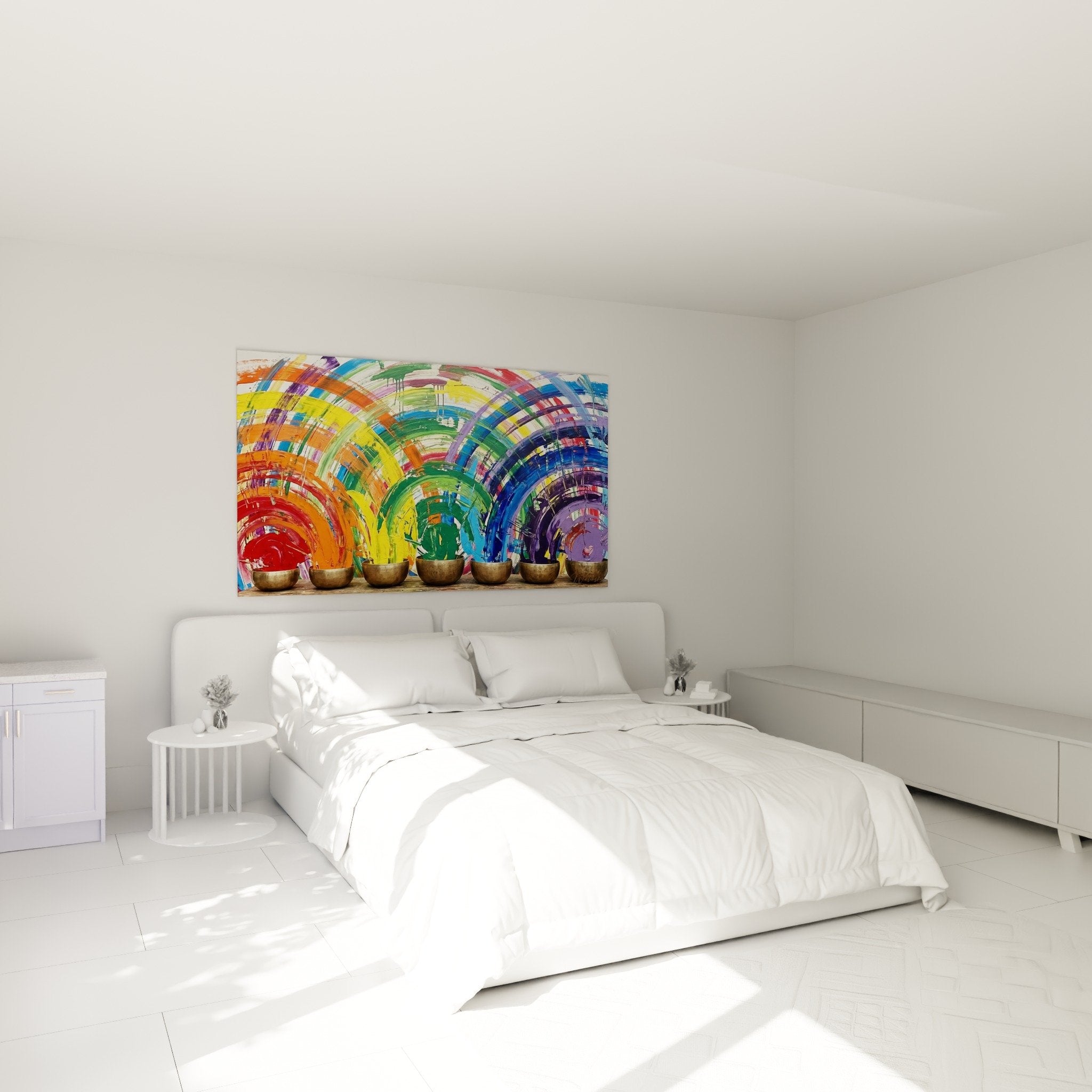 Décoration chambre tableau chakras spirales colorées ambiance zen bols dorés méditation spirituelle