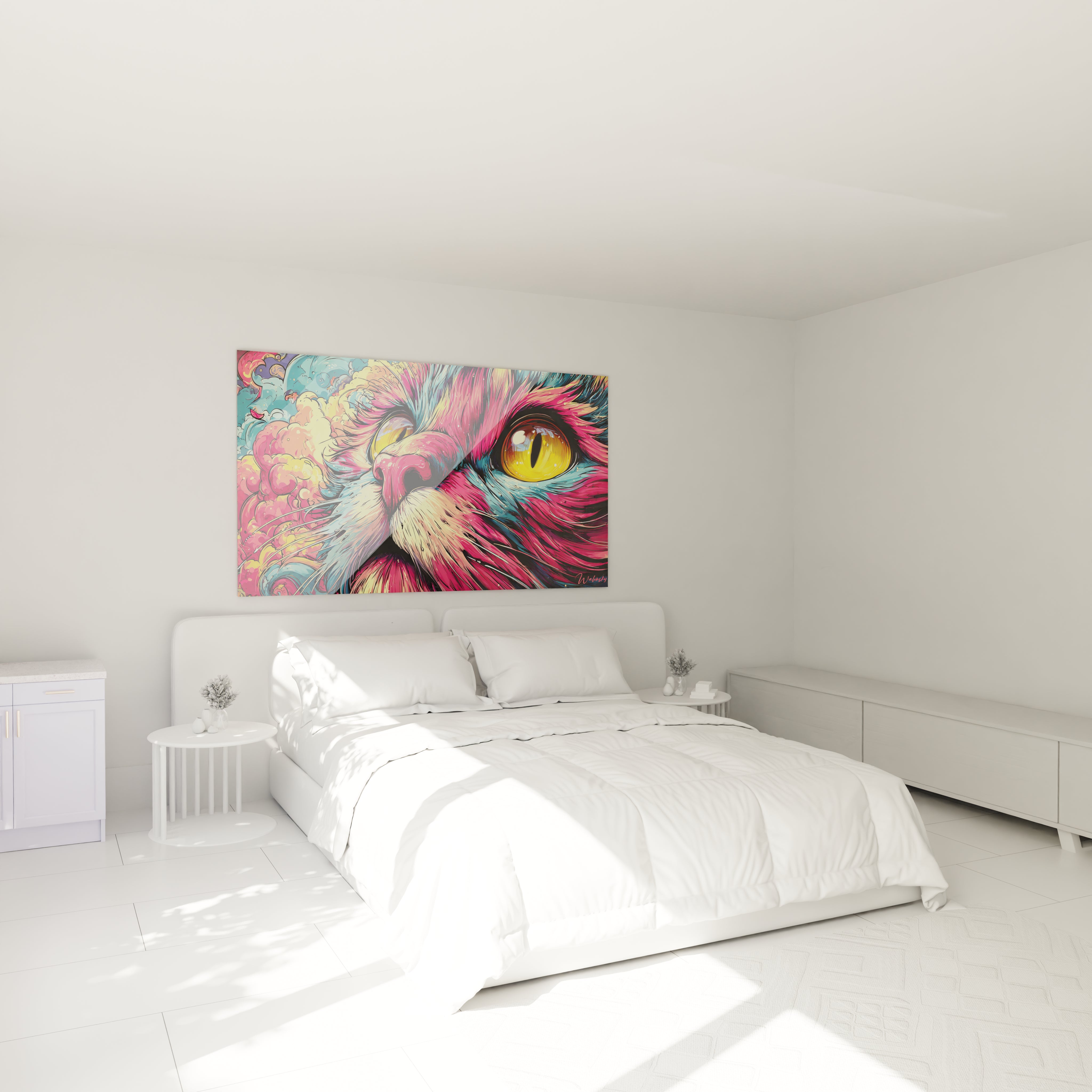 Décoration chambre avec tableau chat psychédélique multicolore ambiance moderne couleurs en folie