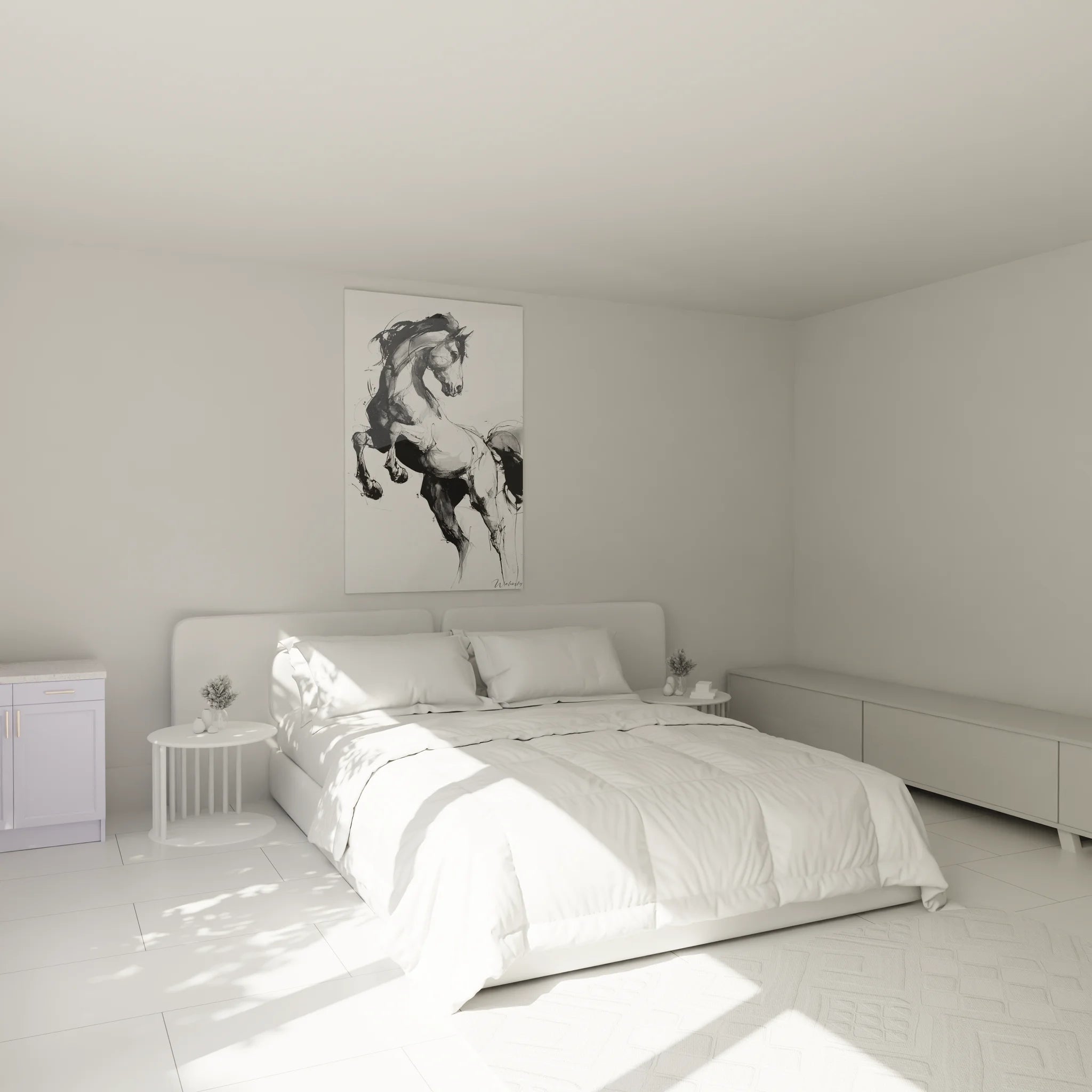 Décoration chambre avec tableau cheval noir et blanc moderne, ambiance artistique équestre élégante