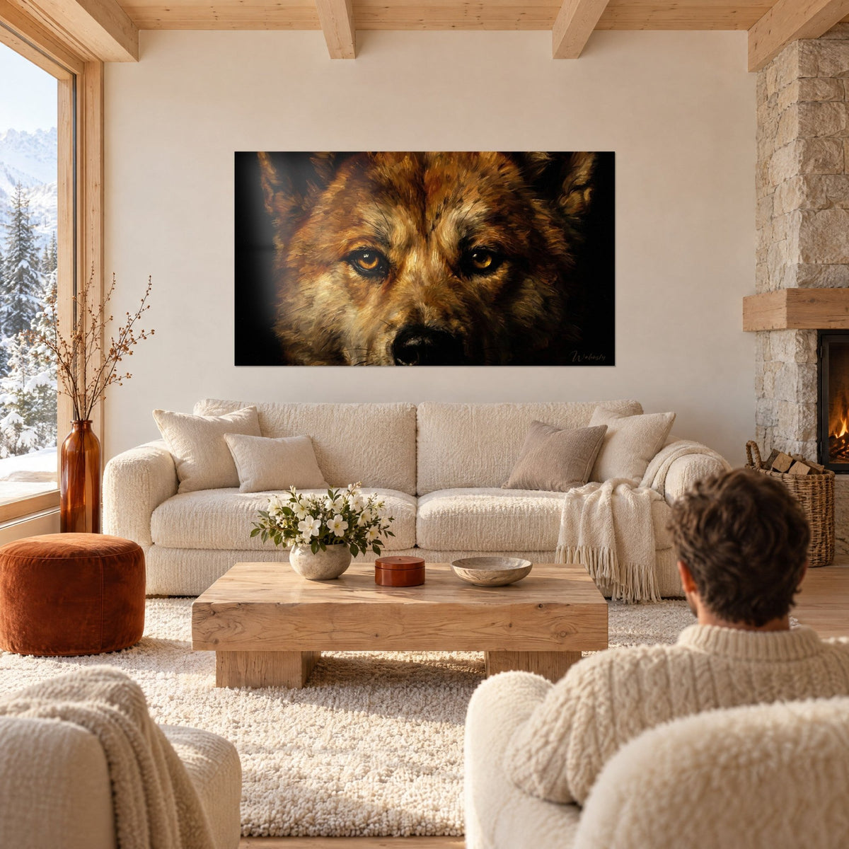 Wall art dog portrait with amber eyes, reddish-brown and cream fur on a black background, above a sofa in a bright living room
