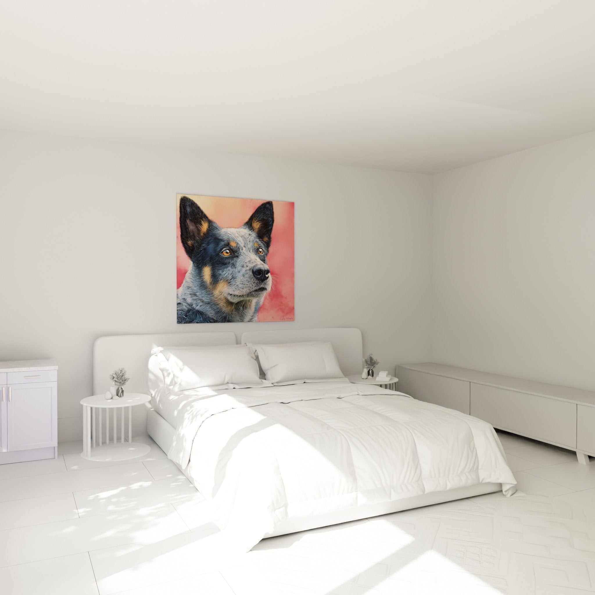 Tableau chien berger australien pelage bleu merle déco chambre moderne mur blanc ambiance chaleureuse