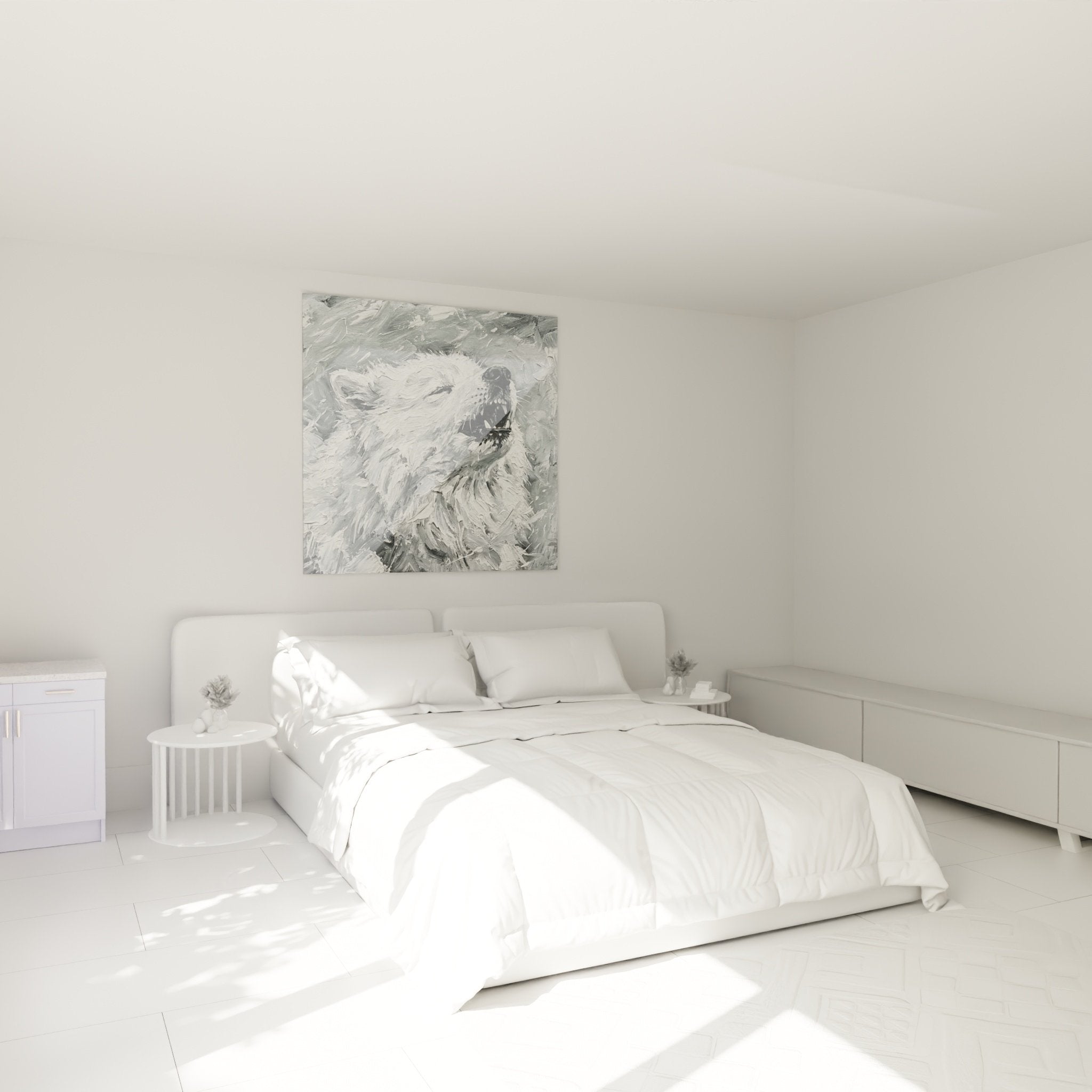 Tableau chien blanc expressif décorant chambre moderne murs gris ambiance contemporaine
