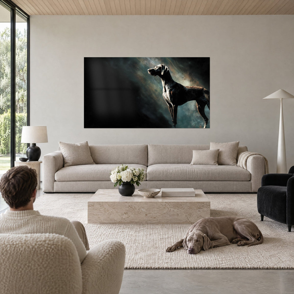 Wall art of a German Shorthaired Pointer in profile, glossy brown coat on black and dark green background, above a sofa in a bright living room