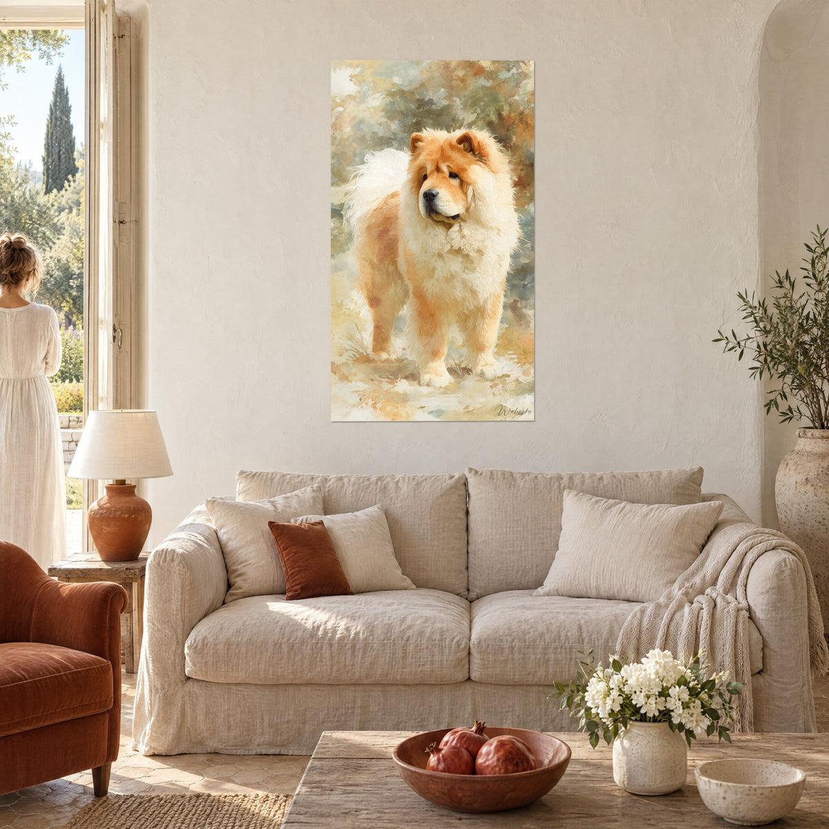 Tableau chien pelucheux fauve et ivoire, regard doux, au-dessus d'un canapé dans un salon lumineux