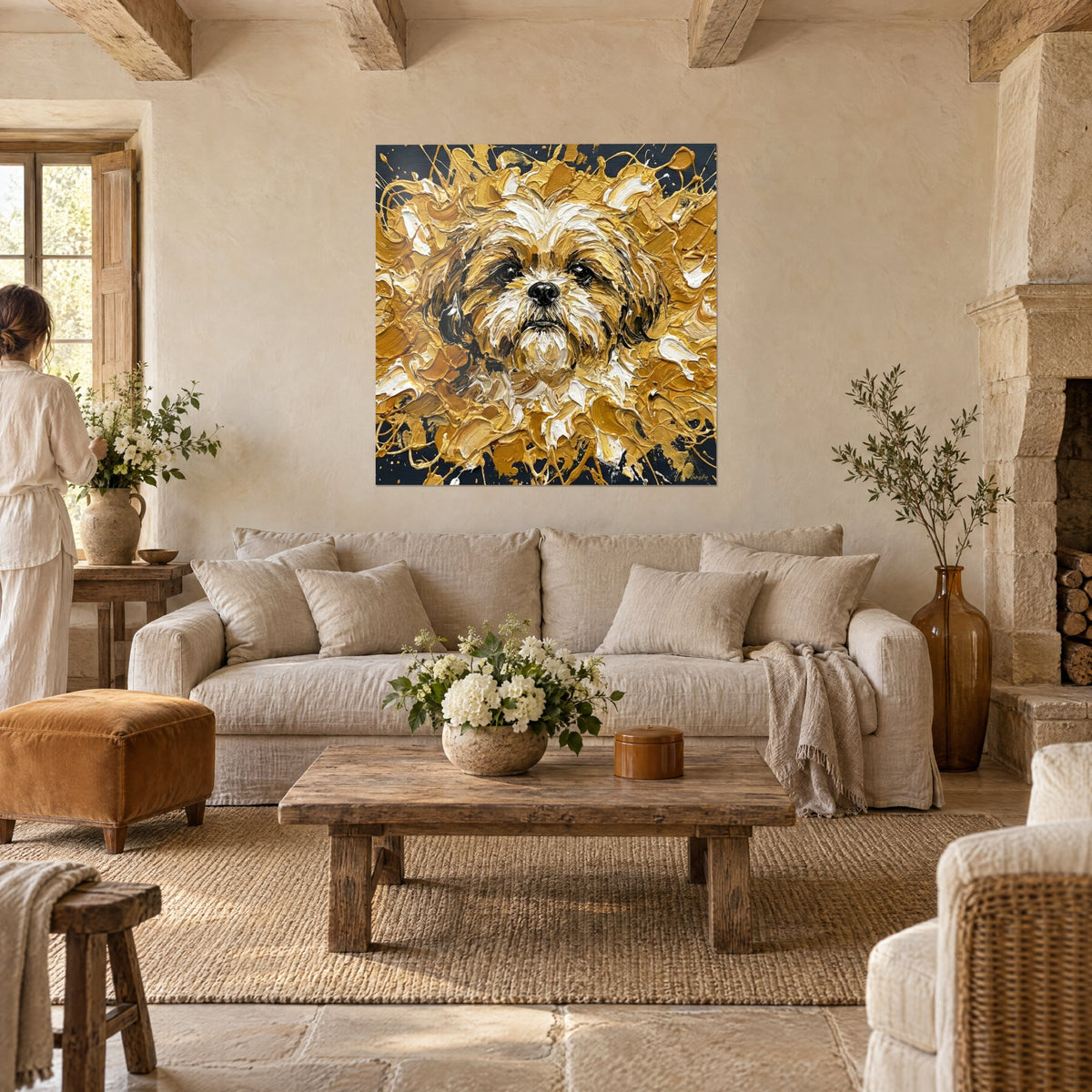 Tableau portrait de Shih Tzu en empâtements ocre doré et blanc crème sur fond noir, au-dessus d'un canapé dans un salon lumineux