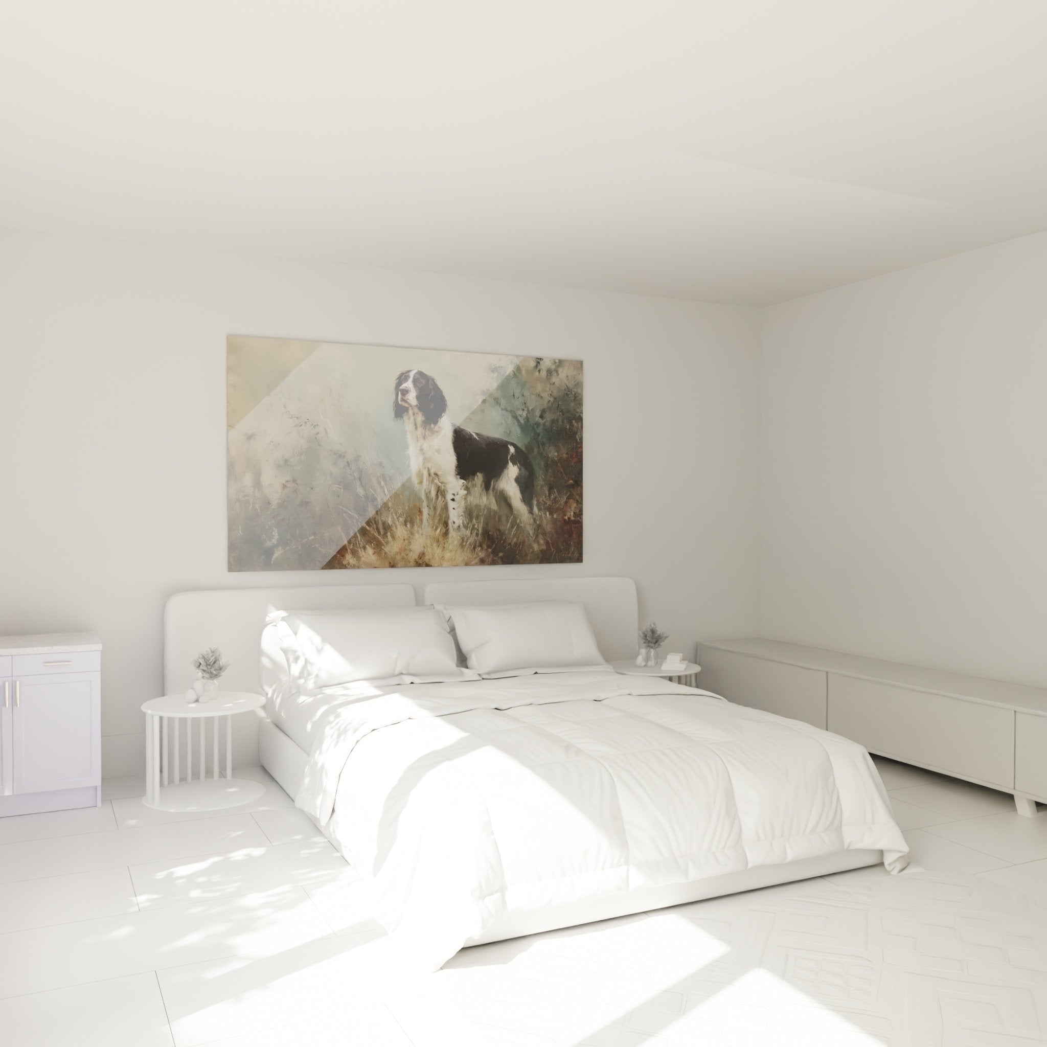 Décoration chambre avec tableau chien épagneul anglais aux couleurs chaudes ambiance nature