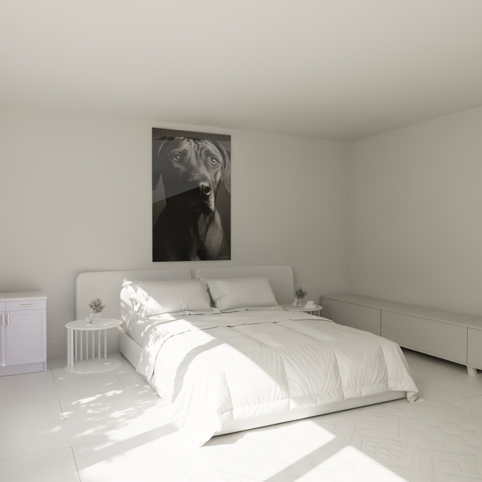 Décoration chambre avec portrait chien noir et blanc, tableau Rhodesian Ridgeback au mur, ambiance moderne apaisante