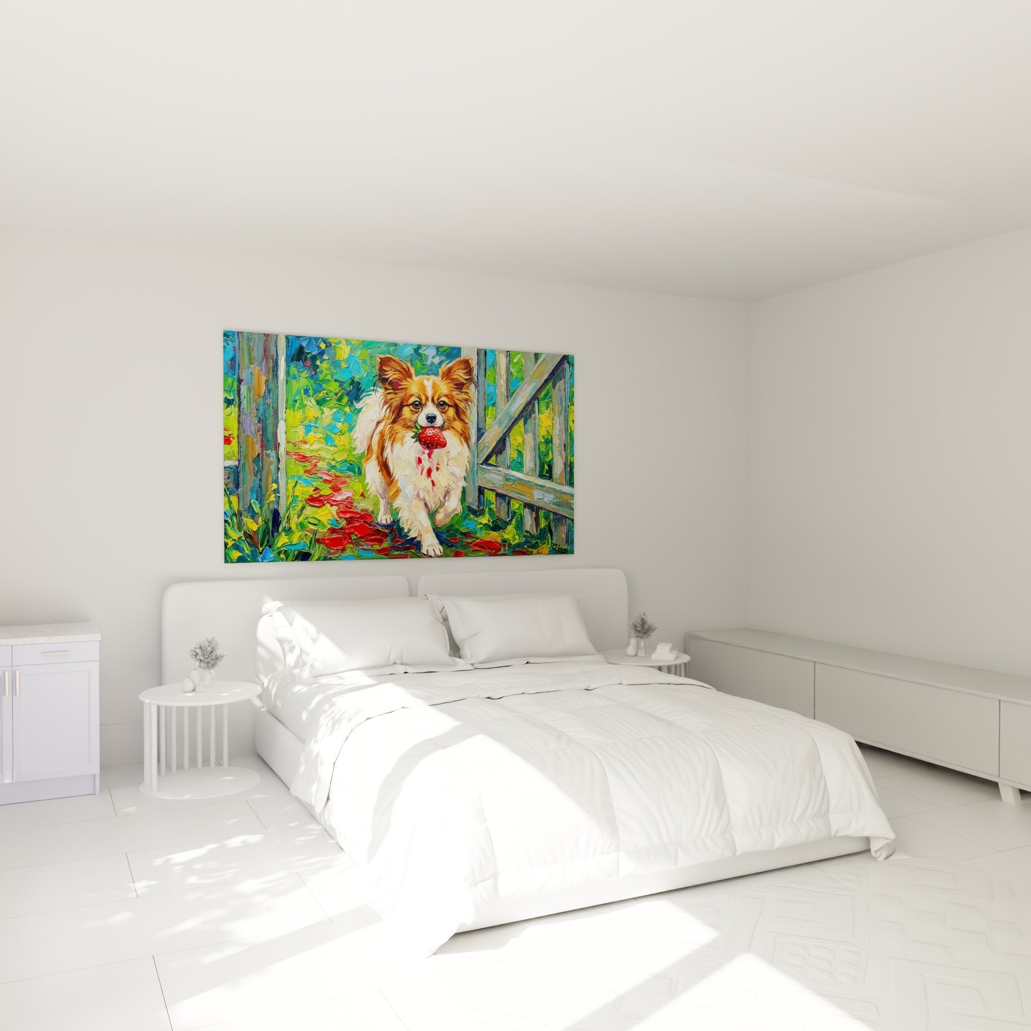 Tableau Chien Papillon aux couleurs vives accroché dans une chambre moderne avec décoration naturelle