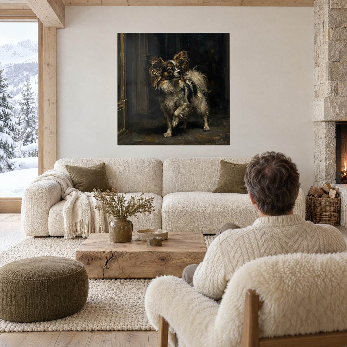 Gemälde Papillon-Spaniel mit gefransten braunroten und cremefarbenen Ohren, schwarzer Hintergrund, über einem Sofa in einem hellen Wohnzimmer