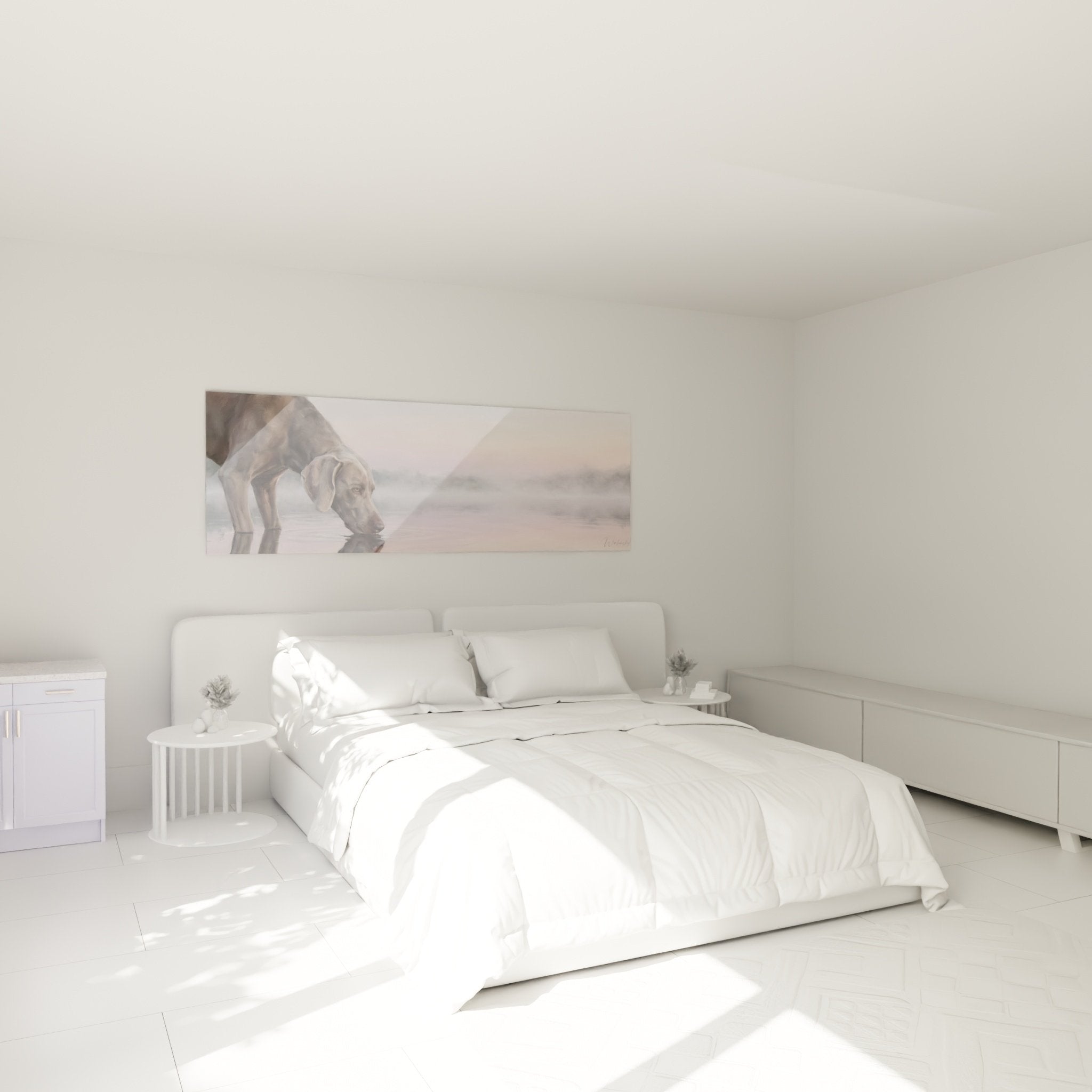 Decoration chambre tableau chien plage tons roses ors ambiance romantique apaisante reflets eau coucher soleil weimar