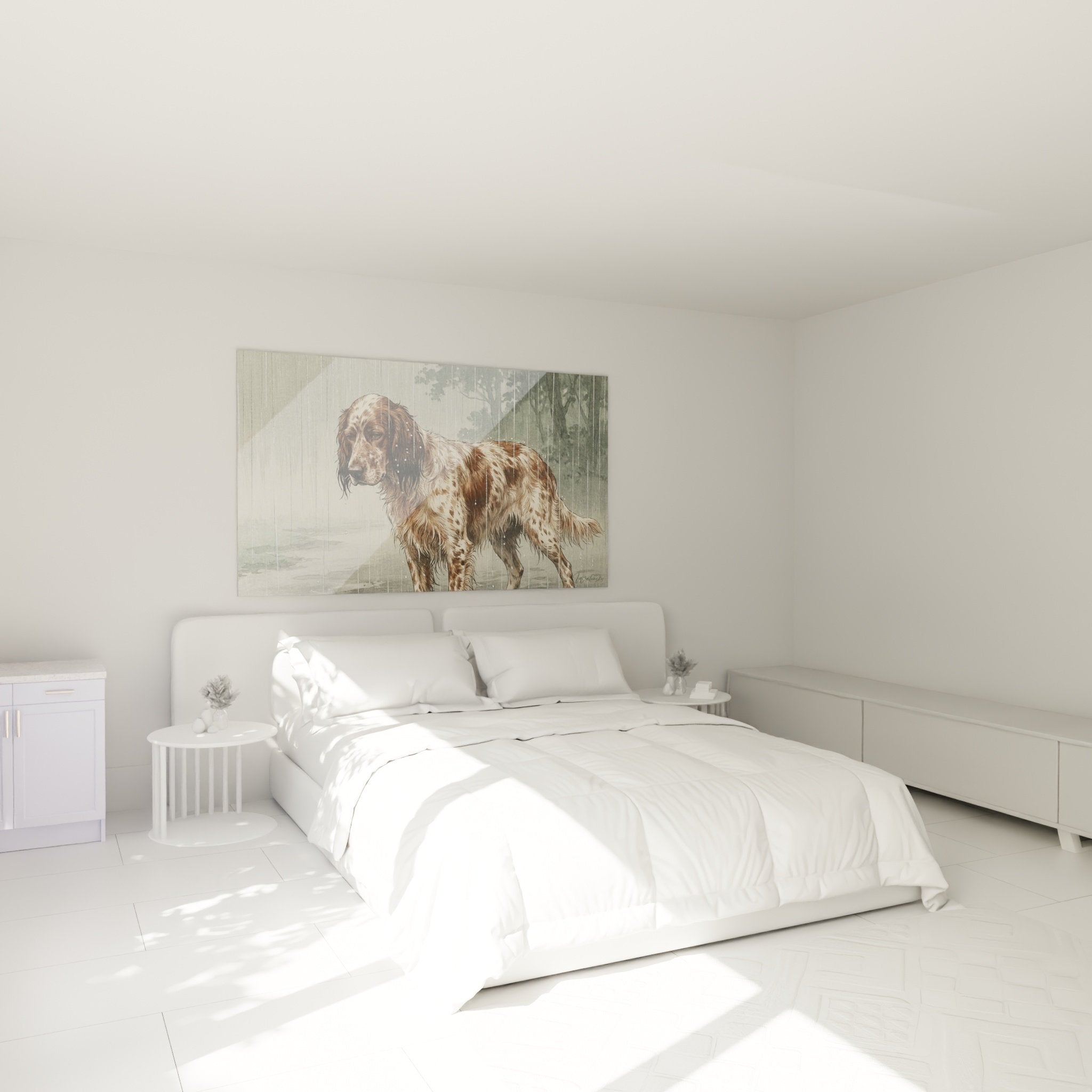 Tableau chien sous la pluie dans chambre moderne, décoration murale émouvante, ambiance cosy et apaisante
