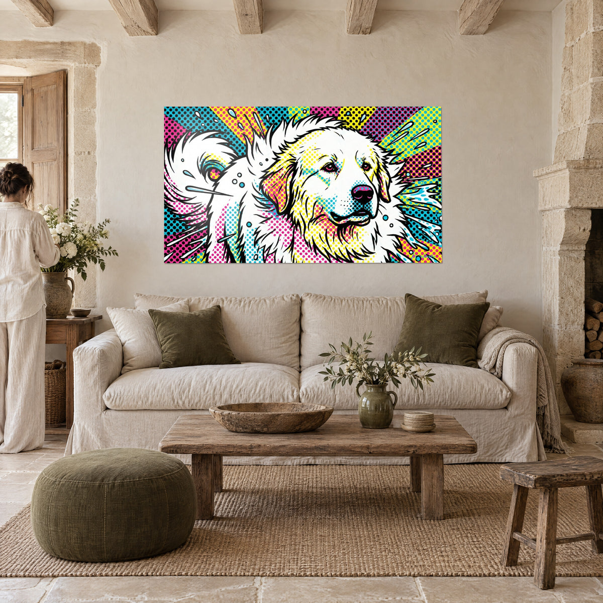 Gemälde weißer Hund im Pop-Art-Stil, zerzaustes Fell in Gelb und Rosa, türkisfarbene Strahlen, über einem Sofa in einem hellen Wohnzimmer