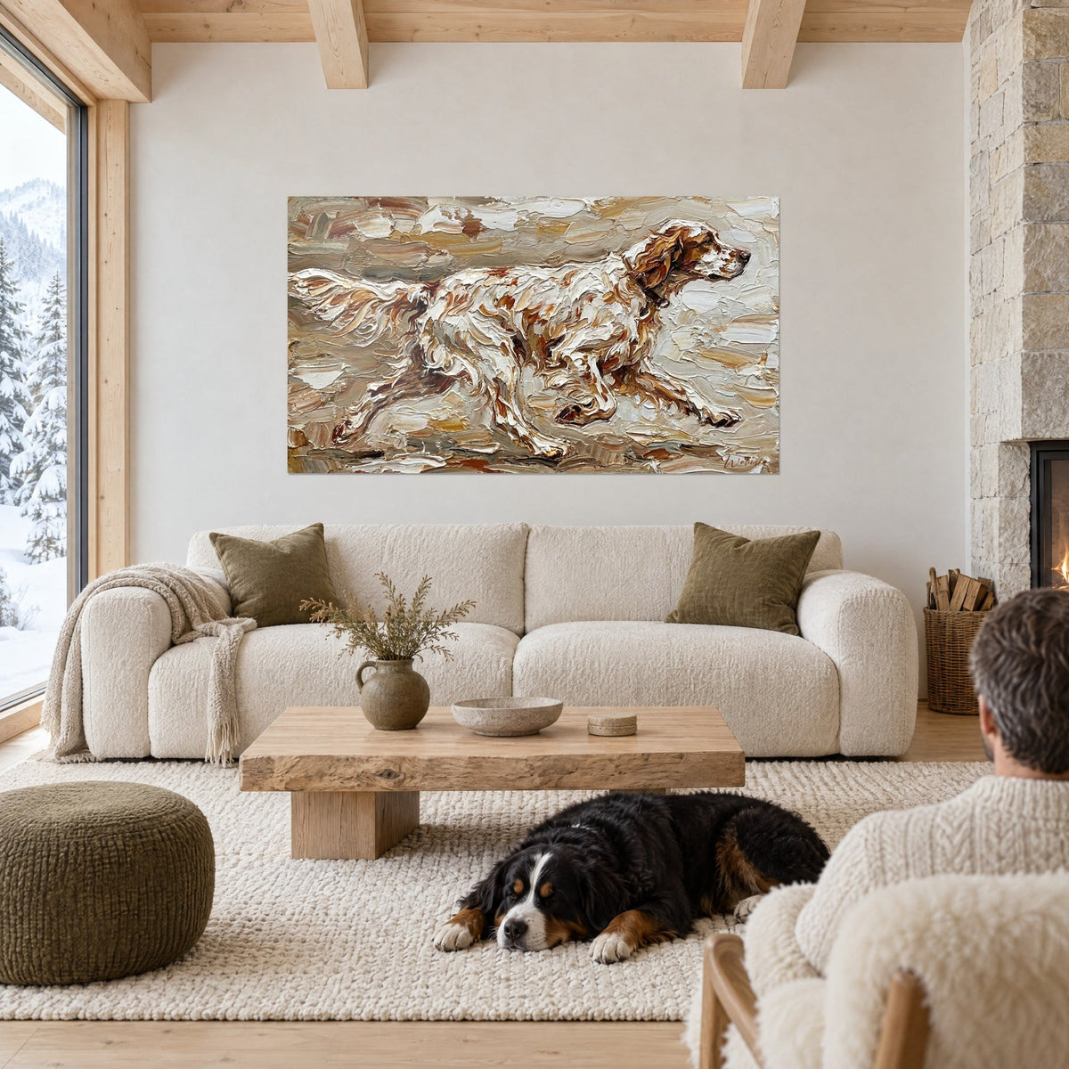 Tableau setter anglais en pleine course, pelage blanc et roux en empâtements, homme de dos, chien noir, au-dessus d'un canapé dans un salon lumineux