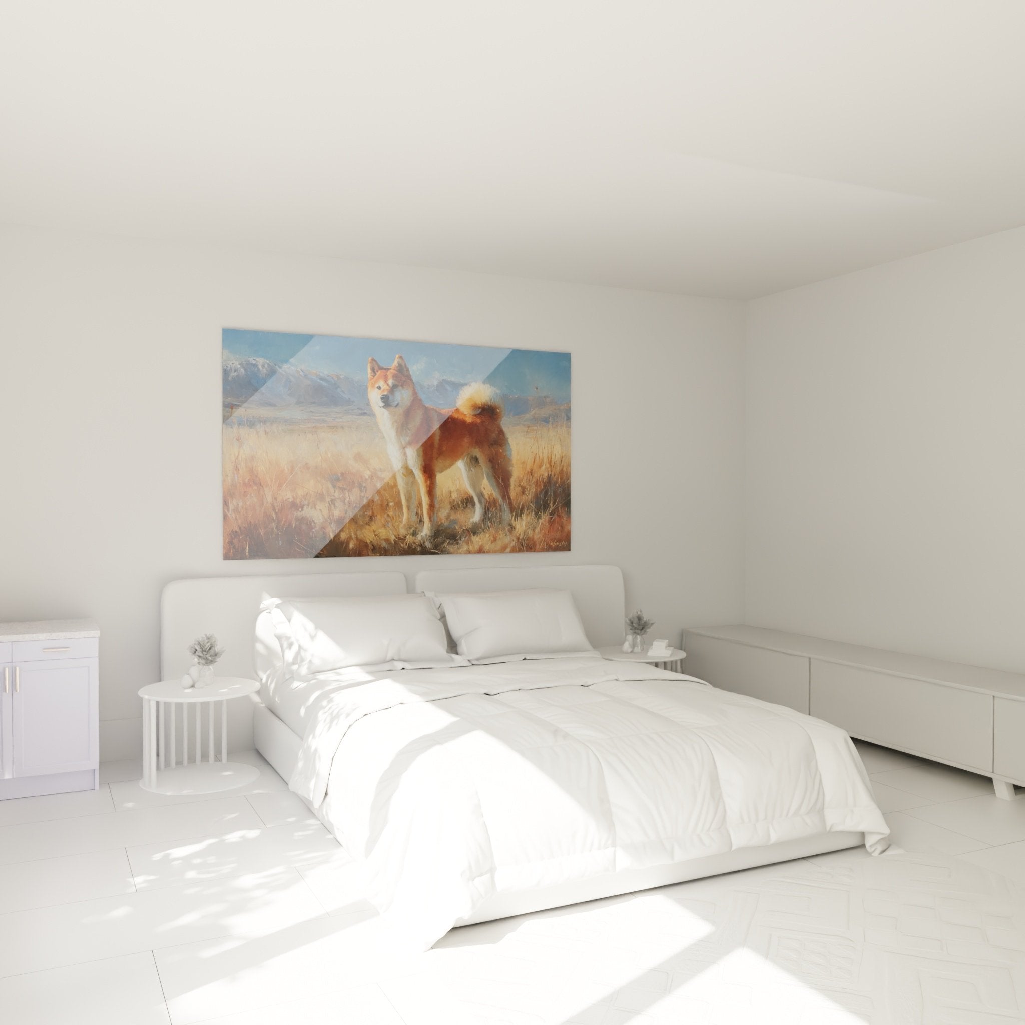 Décoration murale chambre avec tableau Shiba Inu dans paysage naturel tons chauds ambiance cosy