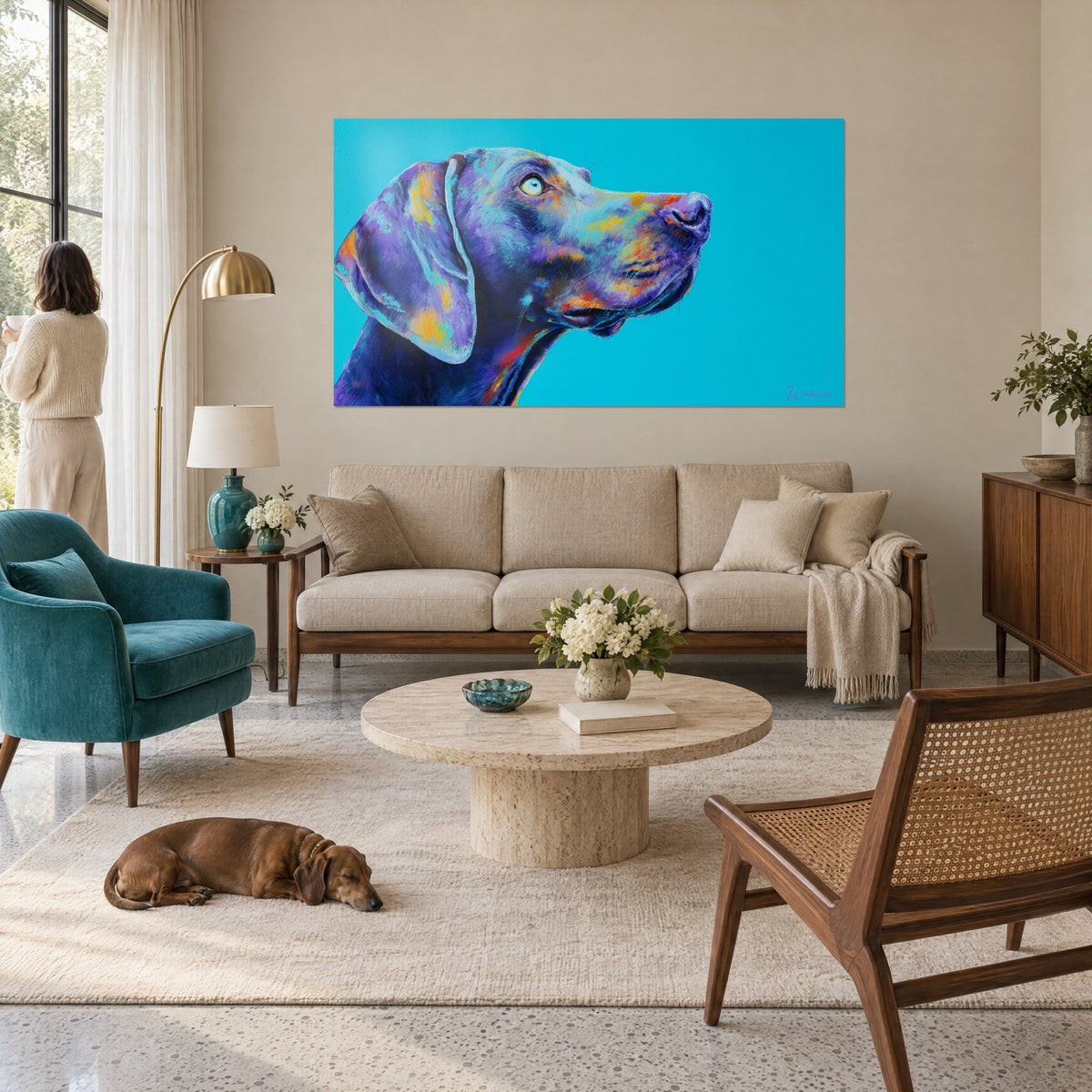 Wall art dog lifting its muzzle, purple coat with orange spots on turquoise background, above a sofa in a bright living room