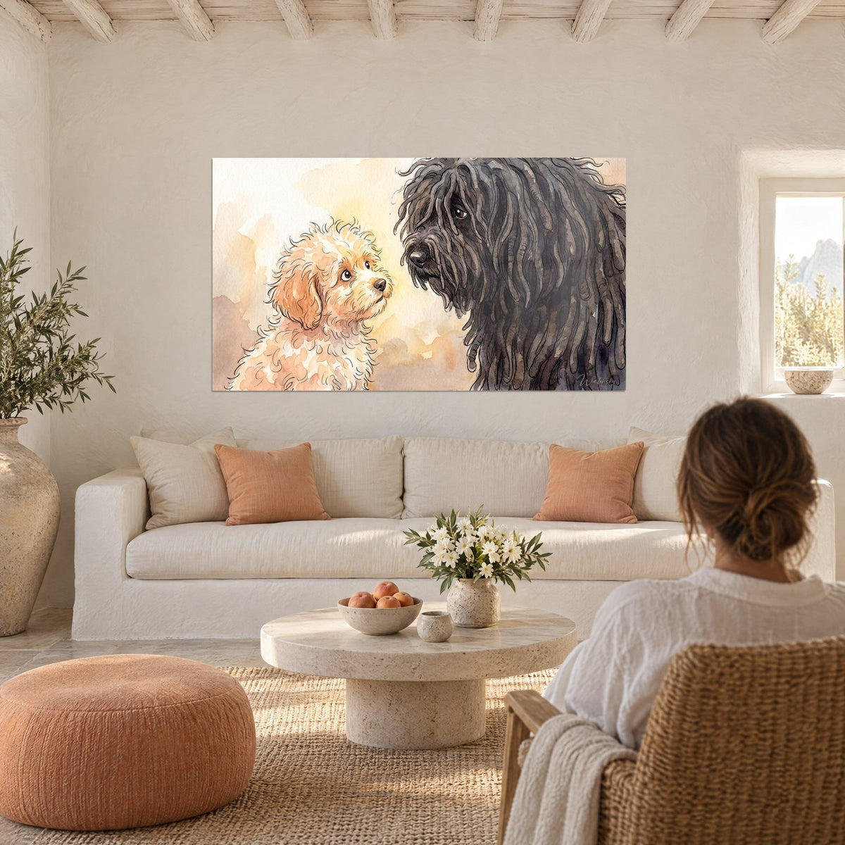 Wall art apricot poodle puppy looking up at a black dreadlocked Puli, cream and ochre background, above a sofa in a bright living room