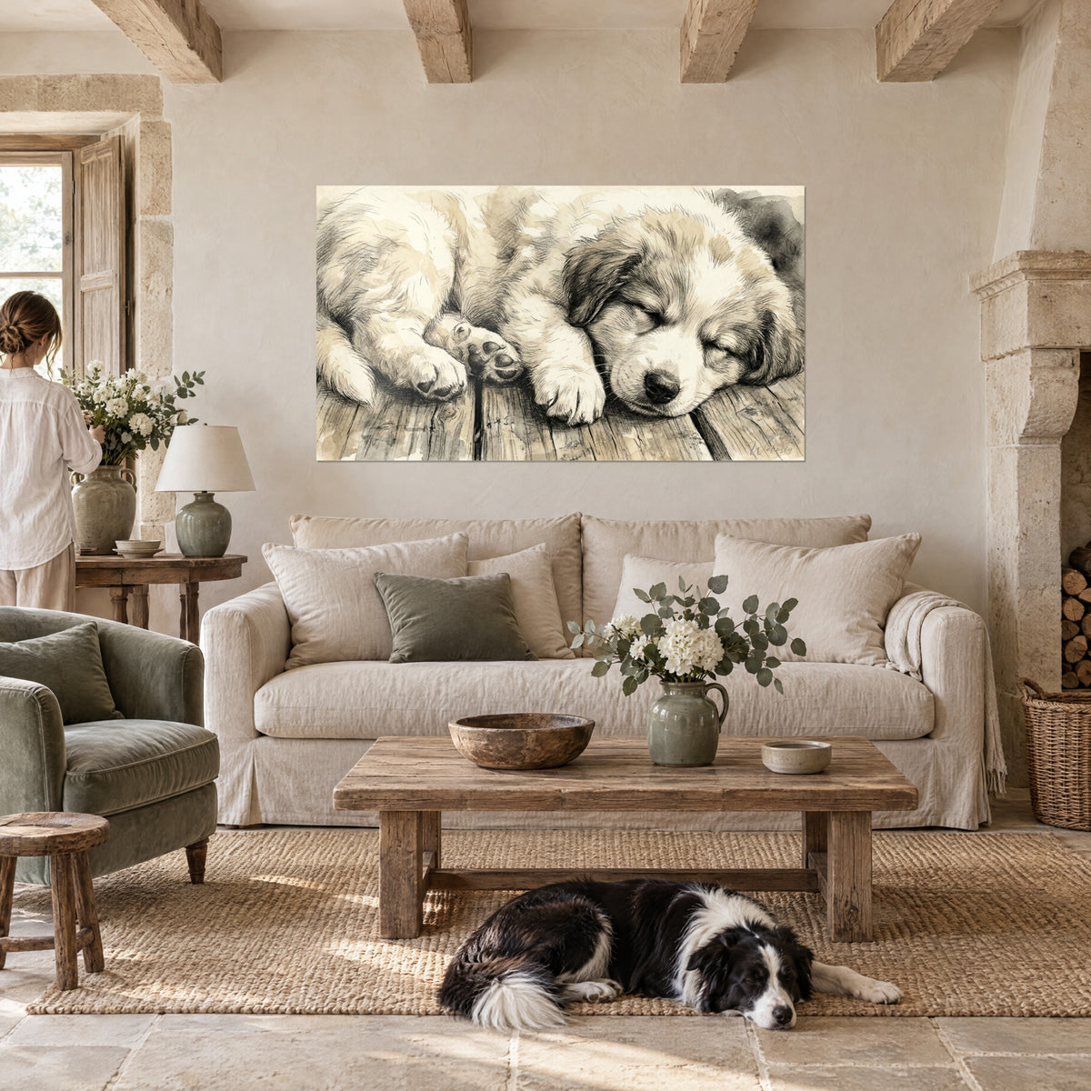 Wall art sleeping puppy in sepia sketch, cream paws on grey planks, woman and black-and-white collie above a sofa in a bright living room