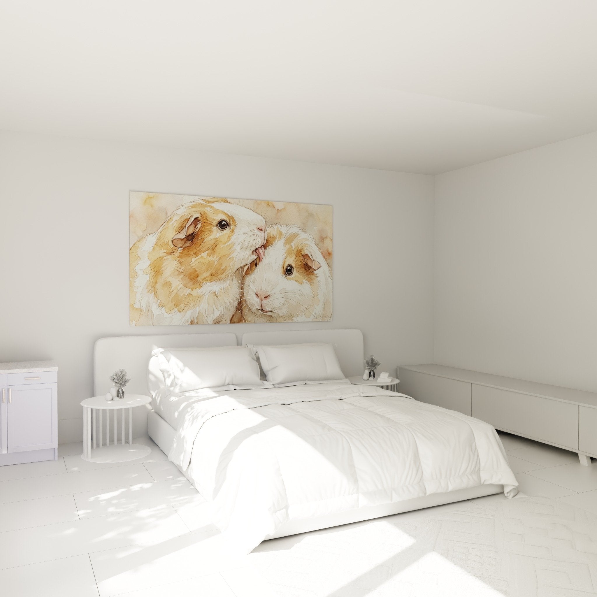 Schlafzimmerdeko Meerschweinchen-Aquarell Gemälde Gold weiche gemütliche Atmosphäre weiße Wand natürliche Holzmöbel