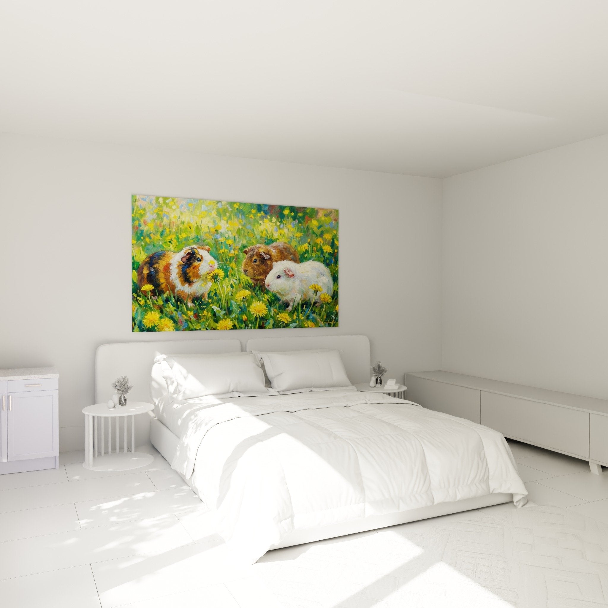 Schlafzimmer Dekoration Gemälde Meerschweinchen Feld gelbe Blumen sanfte natürliche Atmosphäre weiße Wand