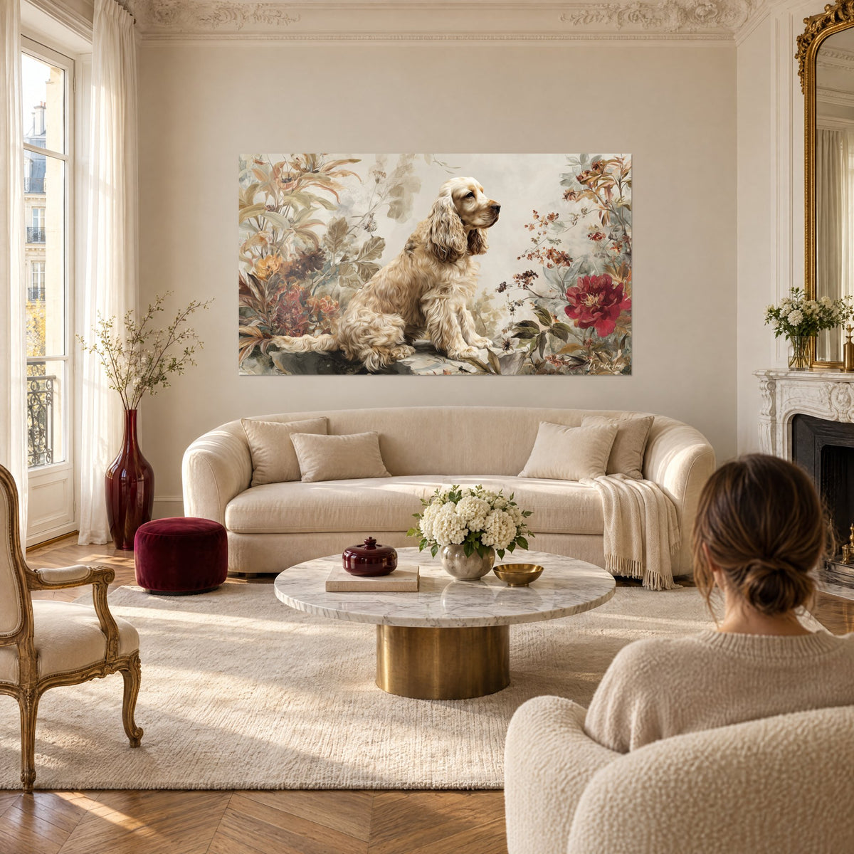 Wall art of a blond cocker spaniel seated among crimson peonies and ochre foliage, two people seen from behind, above a sofa in a bright living room