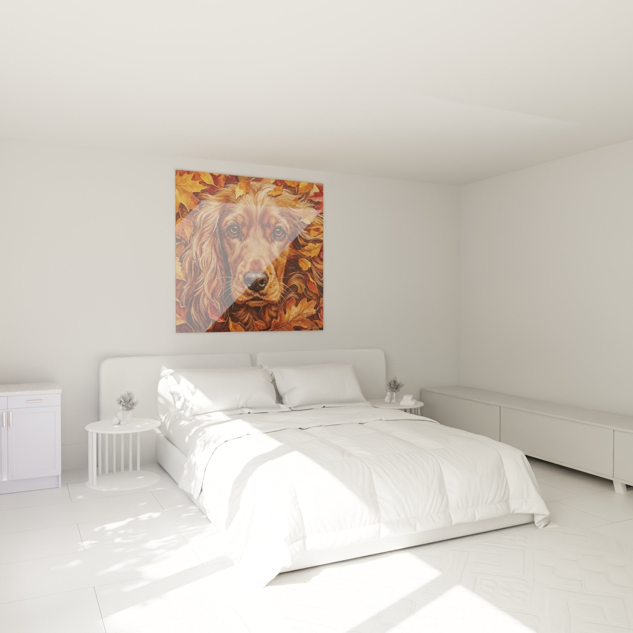 Décoration murale chambre avec tableau Cocker Anglais automne tons chauds ambiance cosy