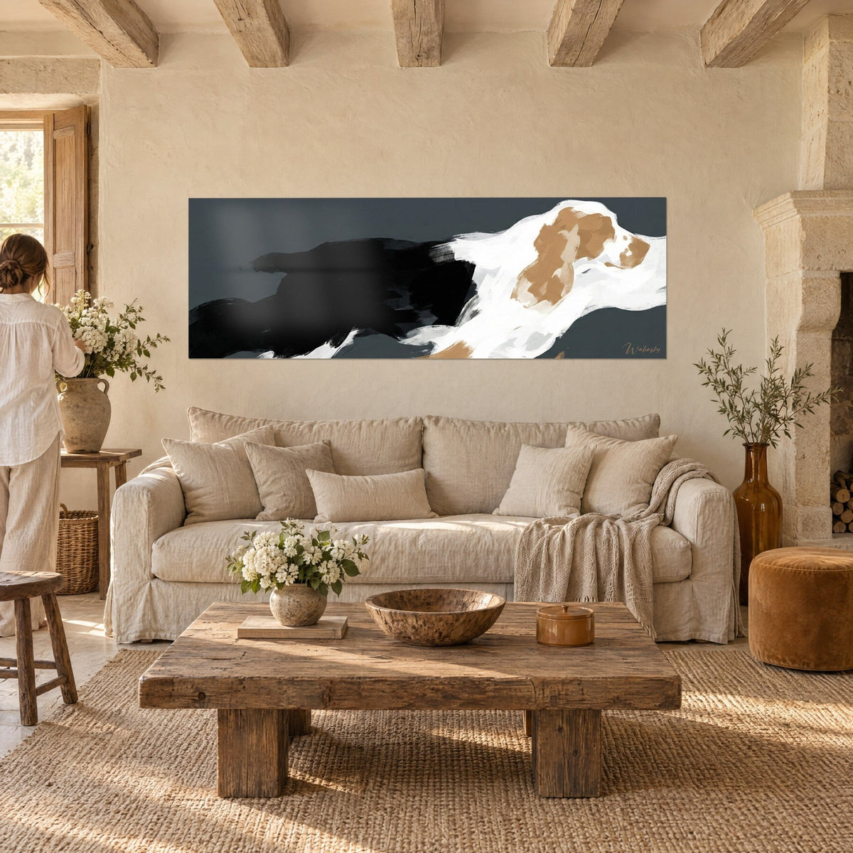 Wall art English Cocker Spaniel in black and white brushstrokes on slate background, beige ear, above a sofa in a bright living room