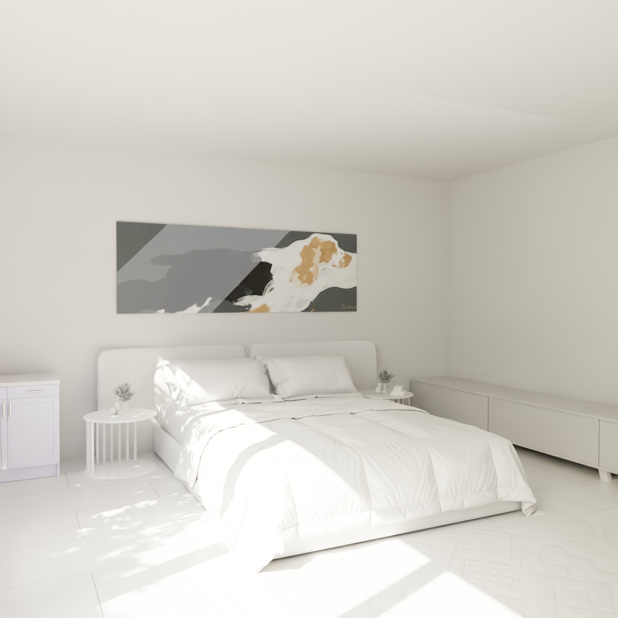 Décoration chambre avec tableau Cocker Anglais abstrait noir blanc beige ambiance moderne épurée mur principal