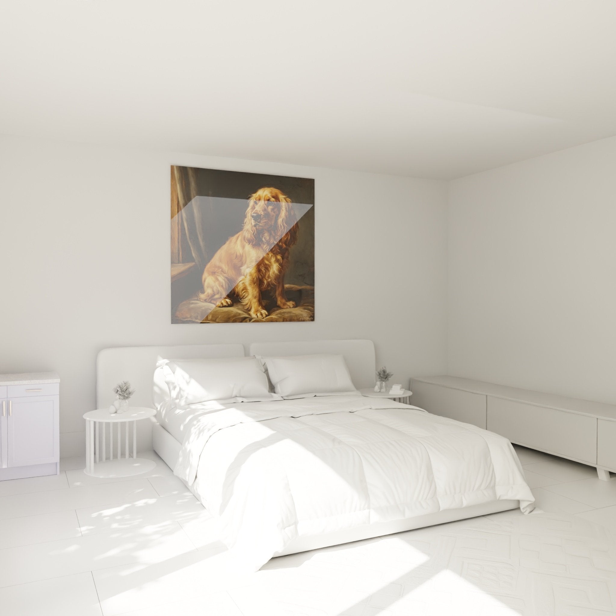 Tableau de Cocker Anglais roux décorant élégamment une chambre aux tons chauds et mobilier en bois