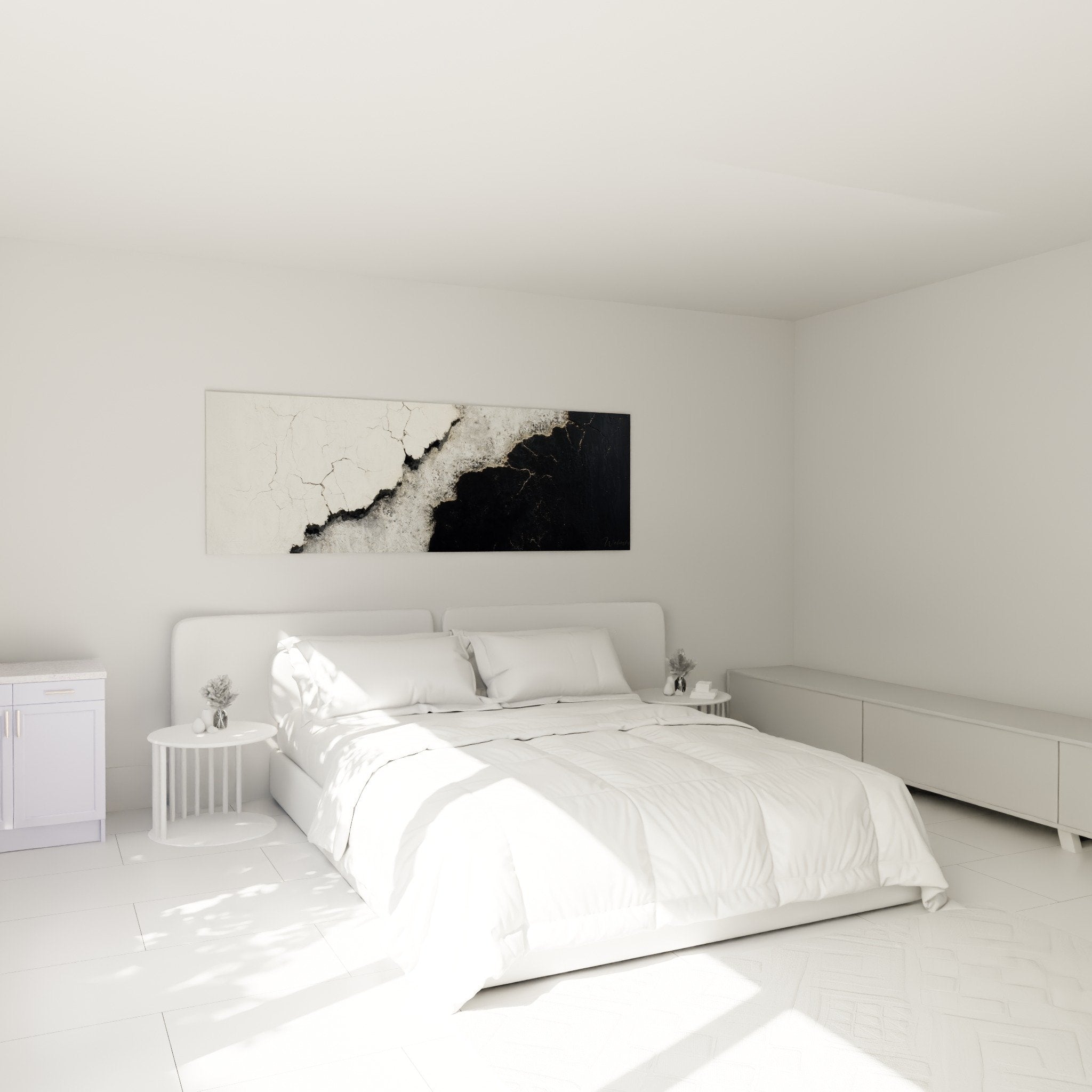 decoration chambre tableau abstrait contraste blanc noir minimaliste au dessus lit moderne