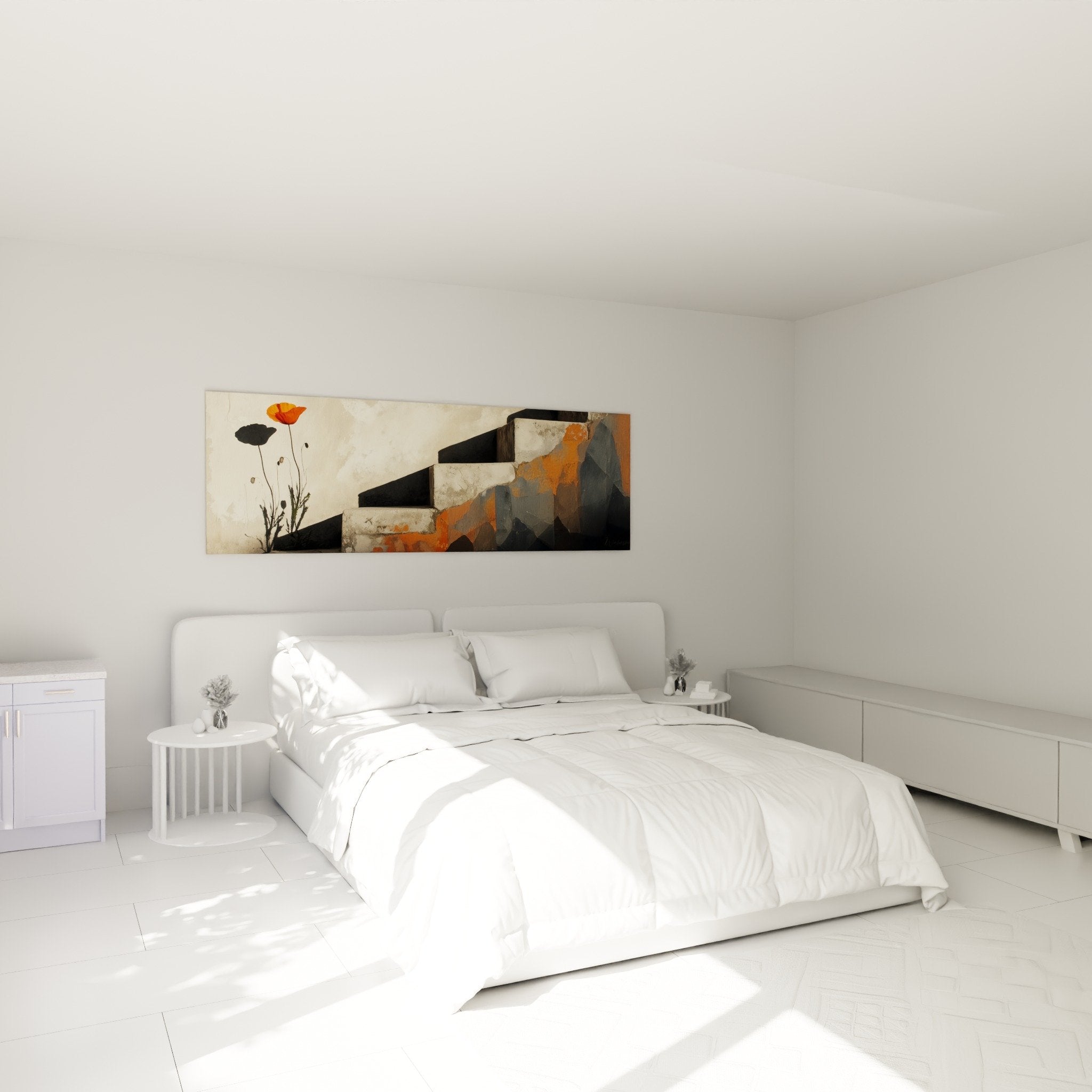 Arredamento camera moderna quadro scale arancio papavero sopra letto atmosfera contemporanea