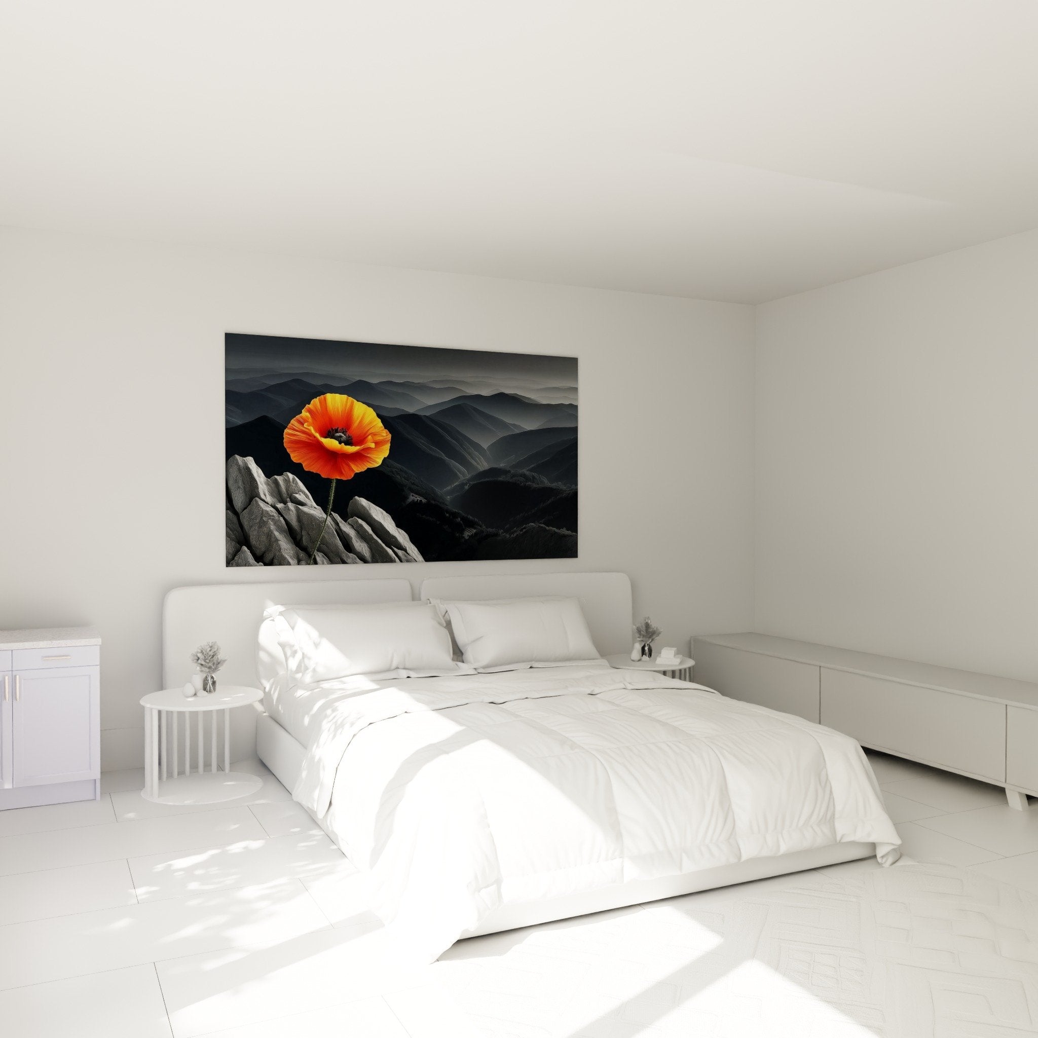 Decorazione camera da letto con quadro papavero fiore rosso arancione contrasto paesaggio grigio montagna atmosfera zen contemporanea