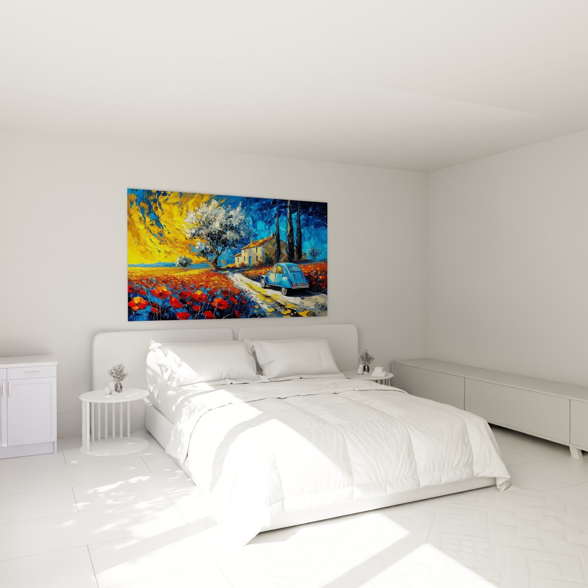 Decorazione camera da letto quadro Provenza papaveri rossi auto blu atmosfera mediterranea arte murale