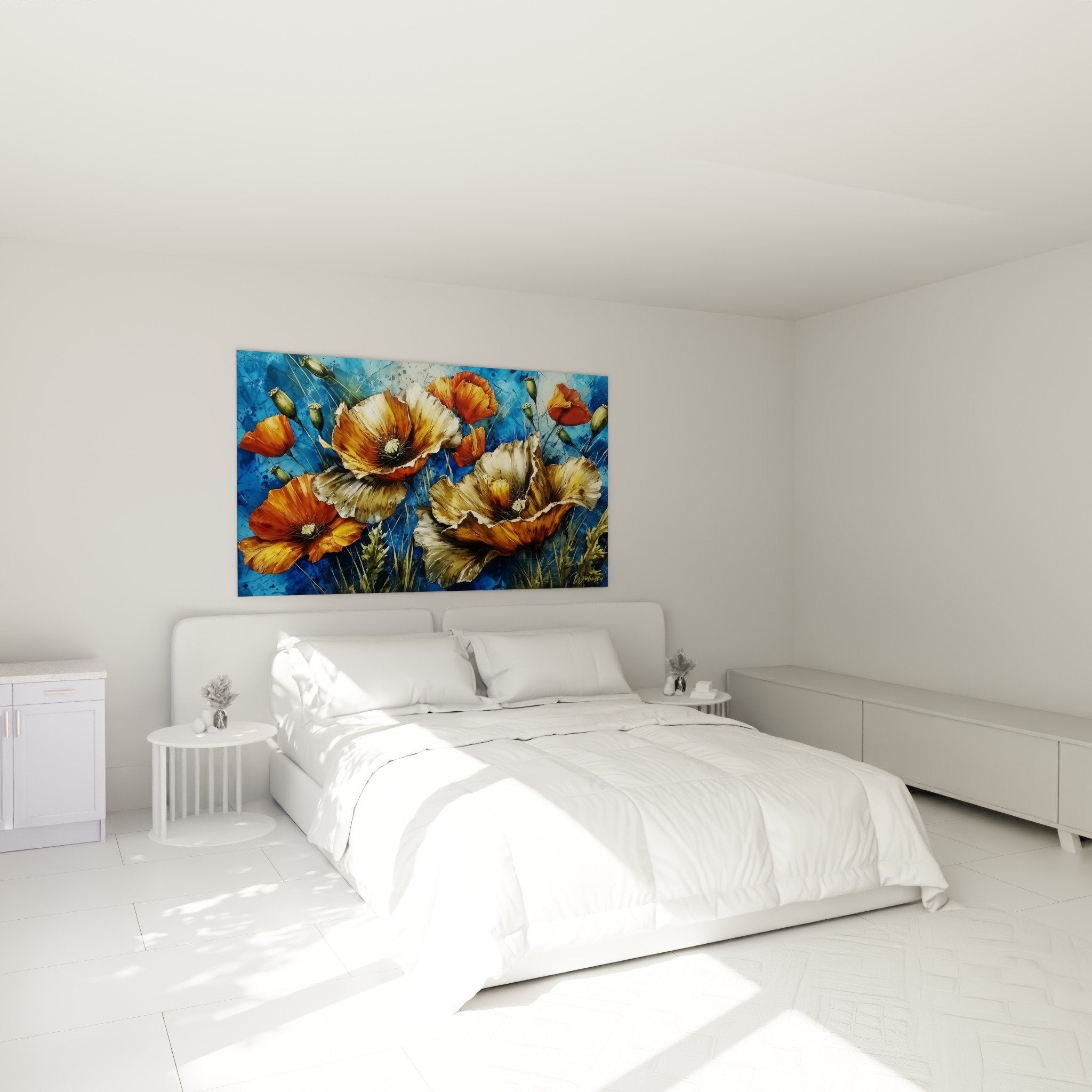 Red poppy floral wall art in modern bedroom with neutral warm tones