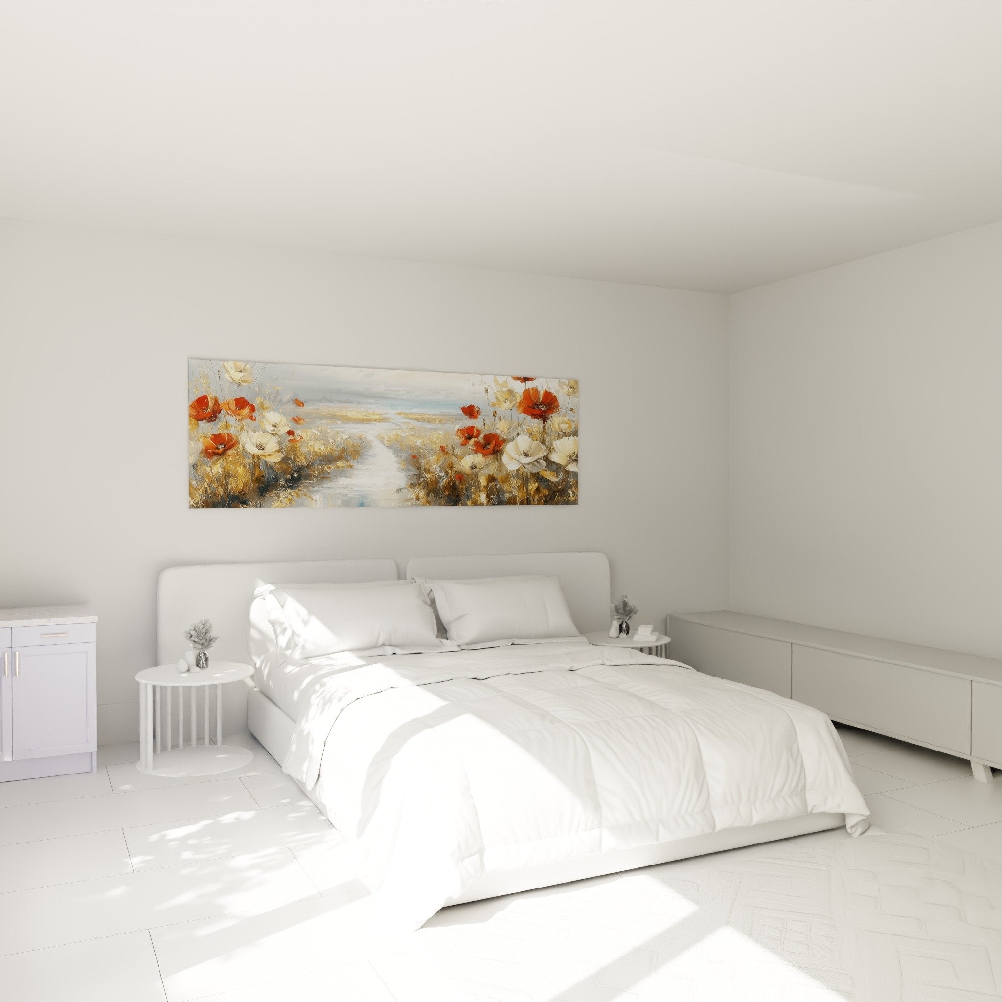 Tableau sentier fleuri décorant chambre parentale au-dessus tête de lit, tons orangés et crème apaisants