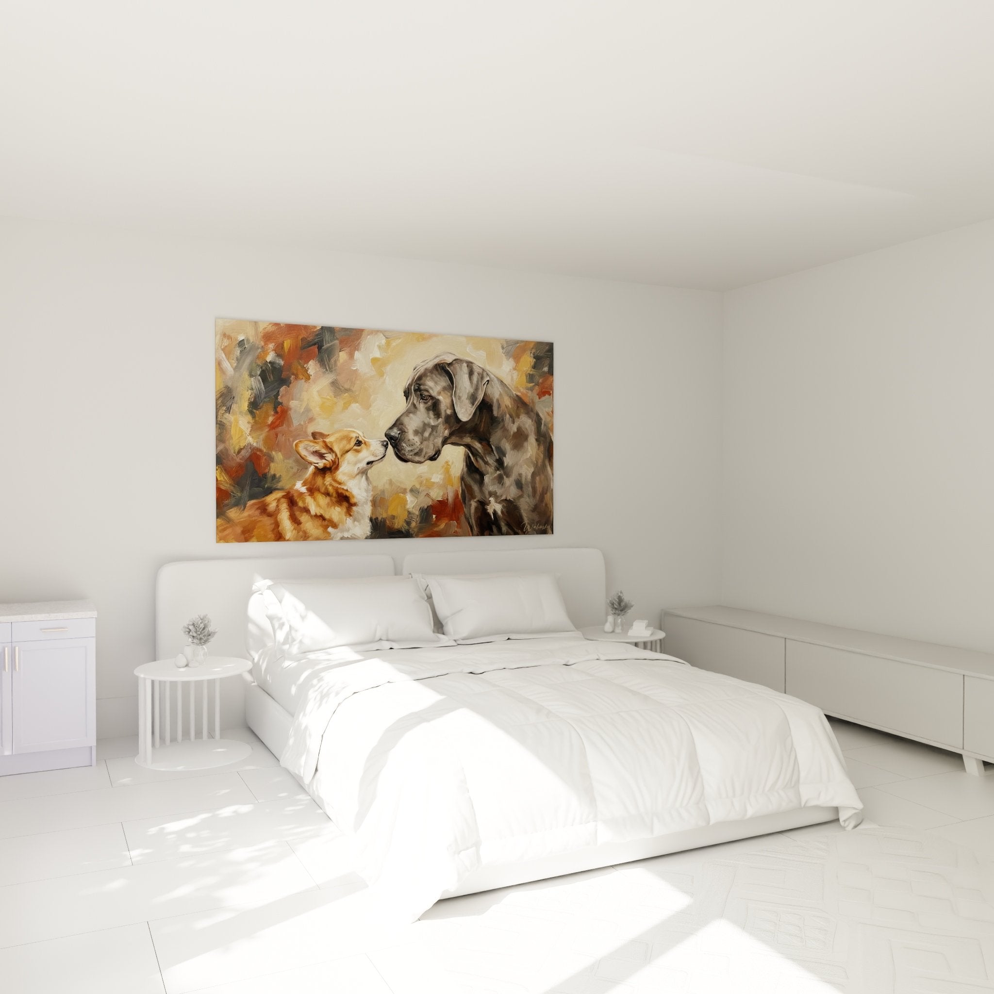 Tableau Corgi et grand chien dans chambre moderne, décoration murale chaleureuse tons cuivrés