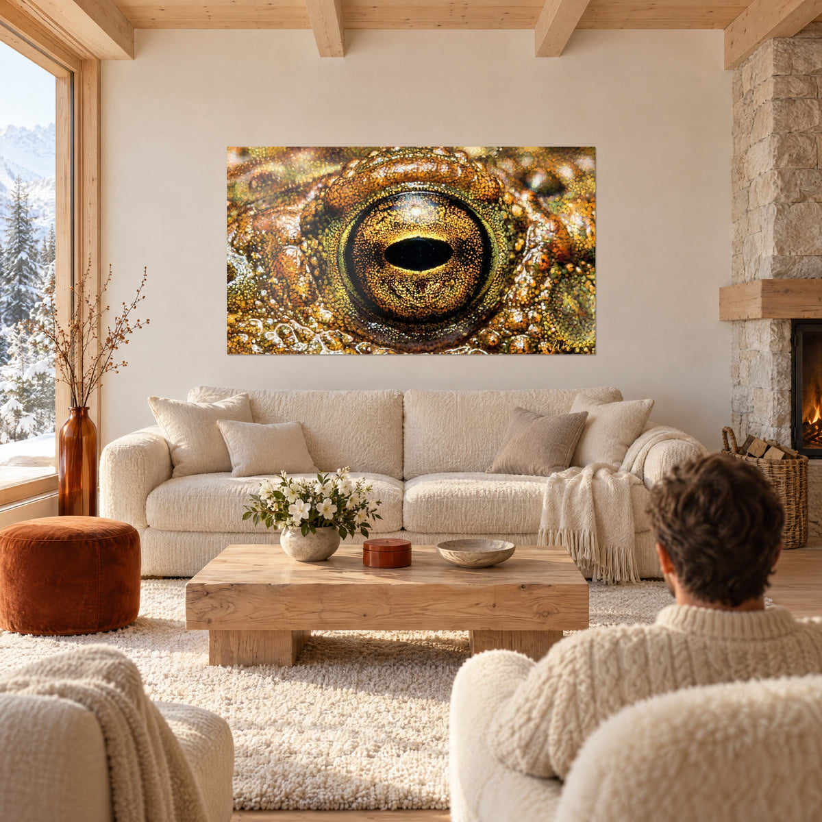 Wall art toad eye with horizontal black pupil, golden iris and coppery skin, above a sofa in a bright living room