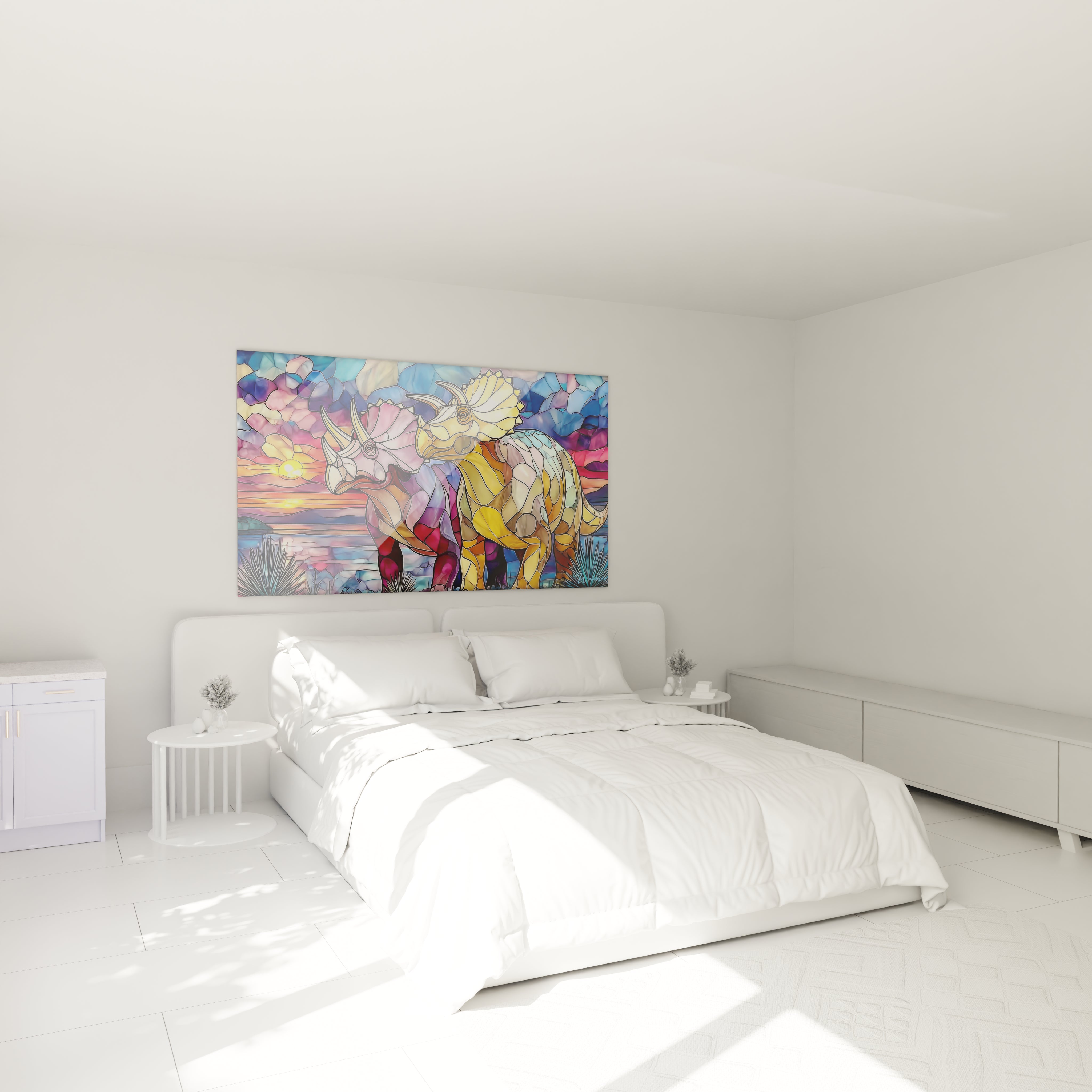 Décoration chambre tableau dinosaure triceratops vitrail coloré ambiance moderne