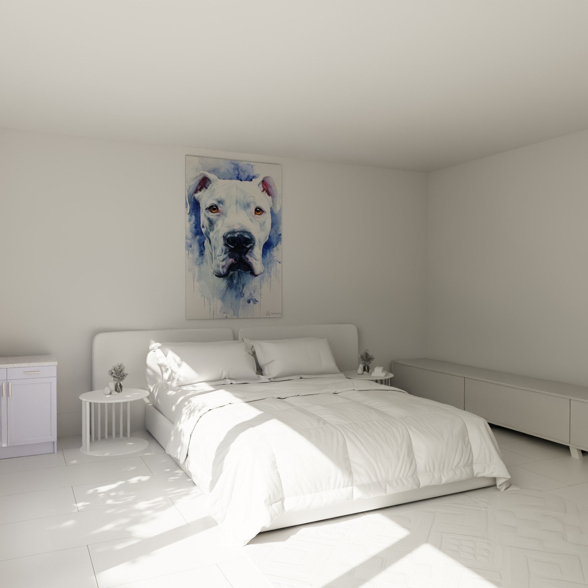 Tableau Dogue Argentin aquarelle bleue décorant chambre moderne aux tons neutres et mobilier épuré