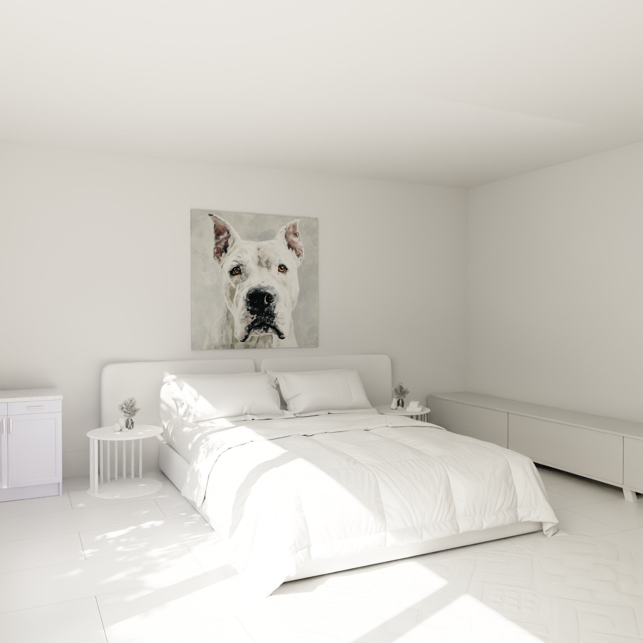 Tableau dogue argentin blanc décorant chambre moderne, murs clairs, ambiance sereine et apaisante