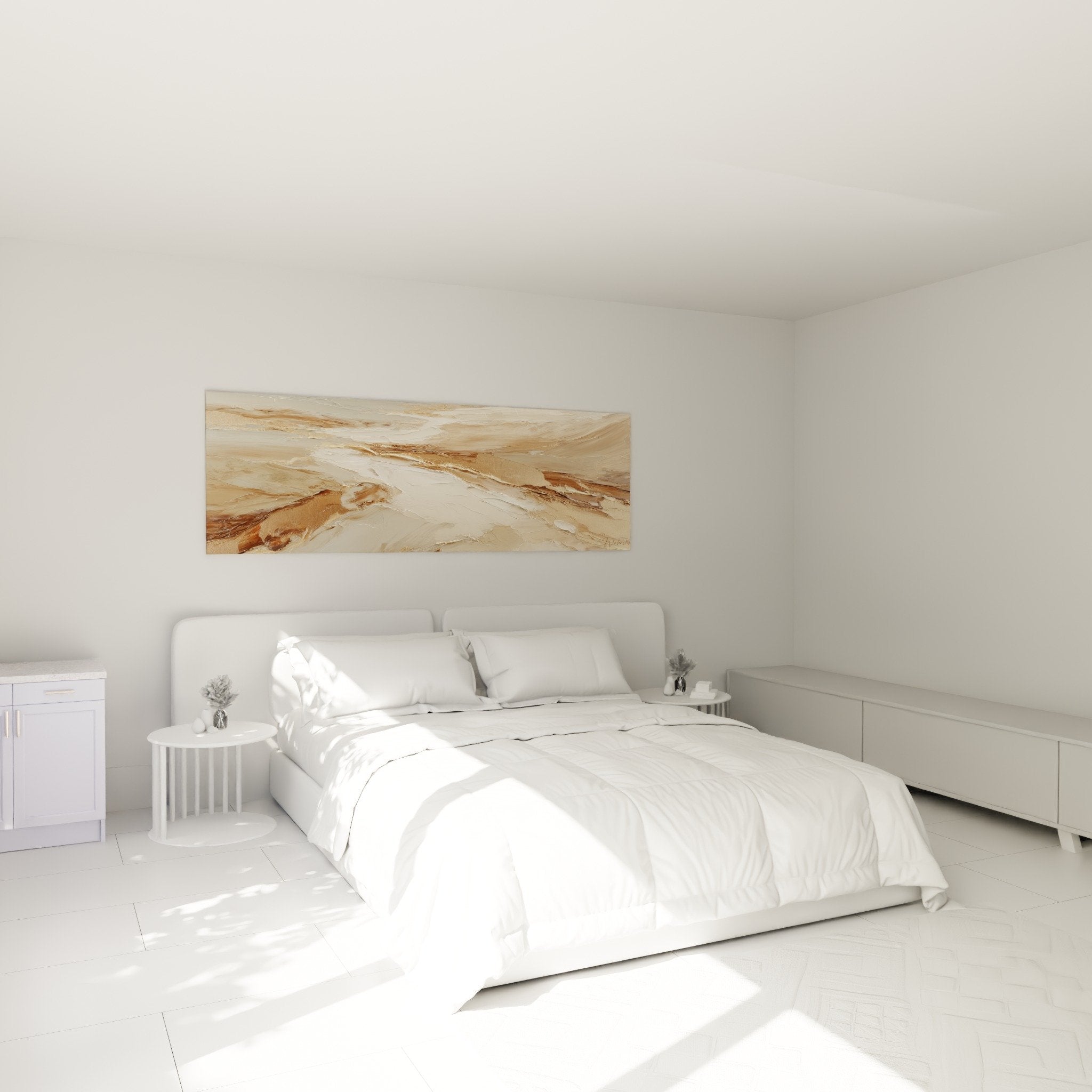 Schlafzimmerdeko mit goldenem okerfarbenem abstraktem Gemälde, zen Feng-Shui Atmosphäre, Erdmitte über dem Bett