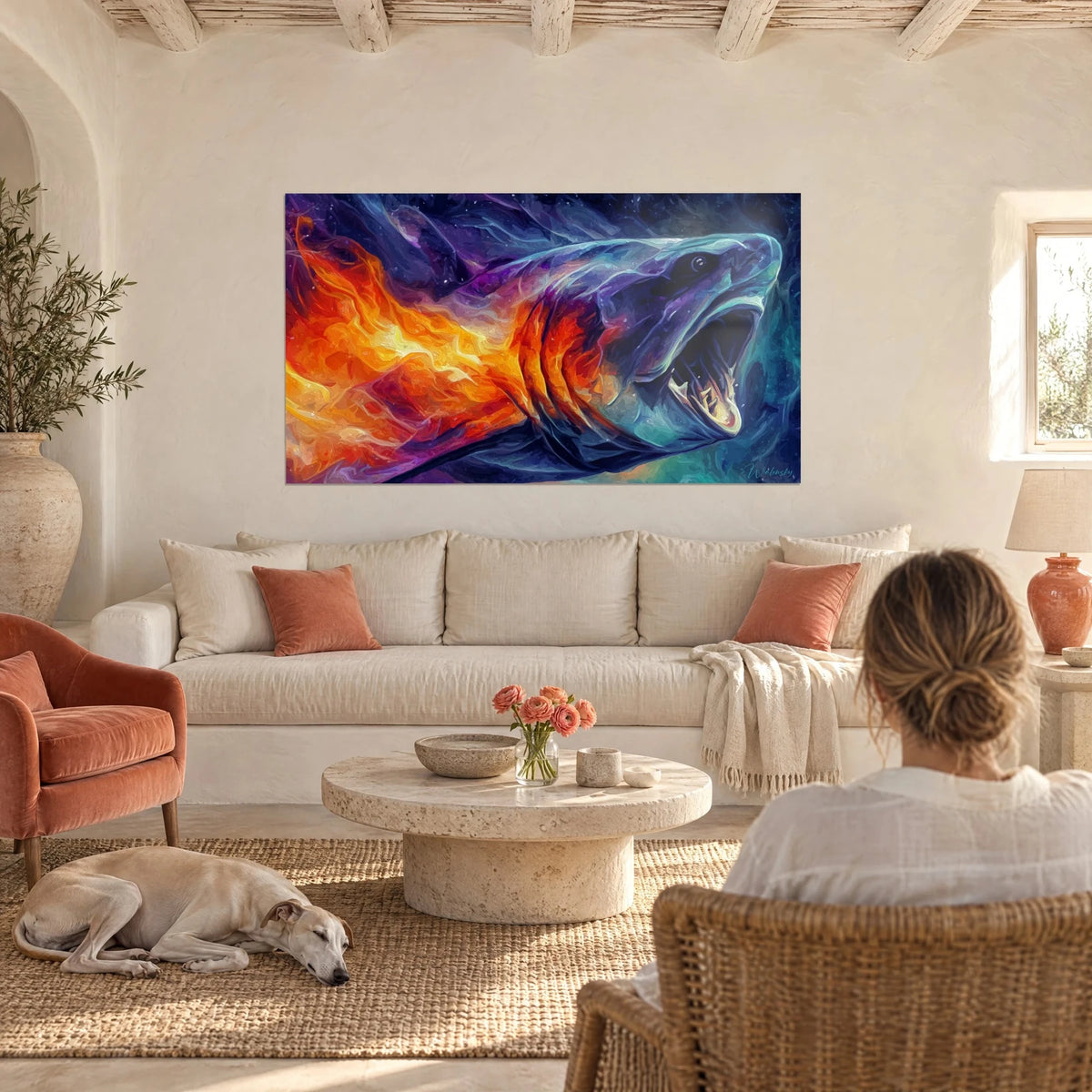 Wall art Dunkleosteus with gaping jaws, orange flames and a midnight blue body, above a sofa in a bright living room