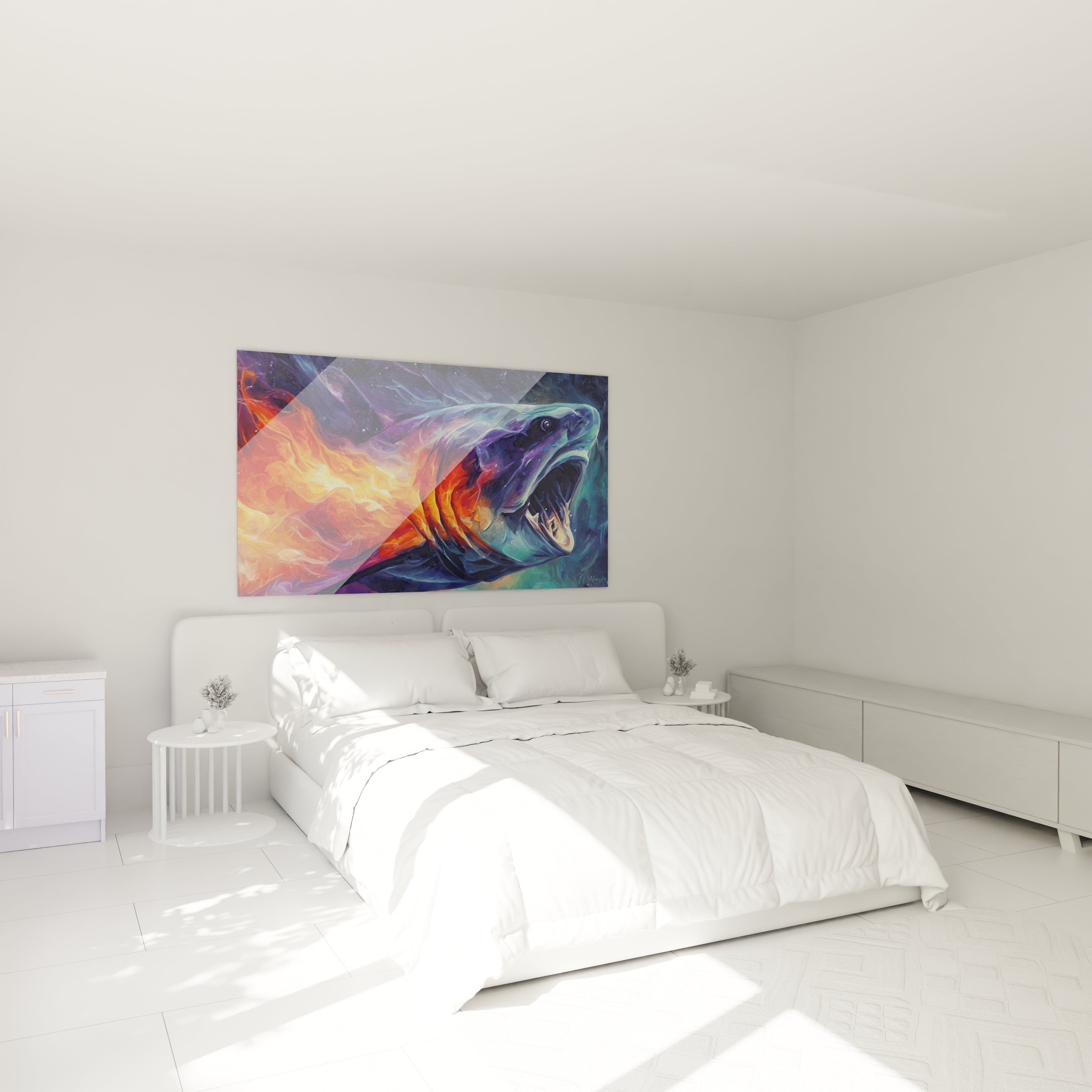 Tableau Dunkleosteus flammes cosmiques décorant une chambre moderne, ambiance art mural contemporain