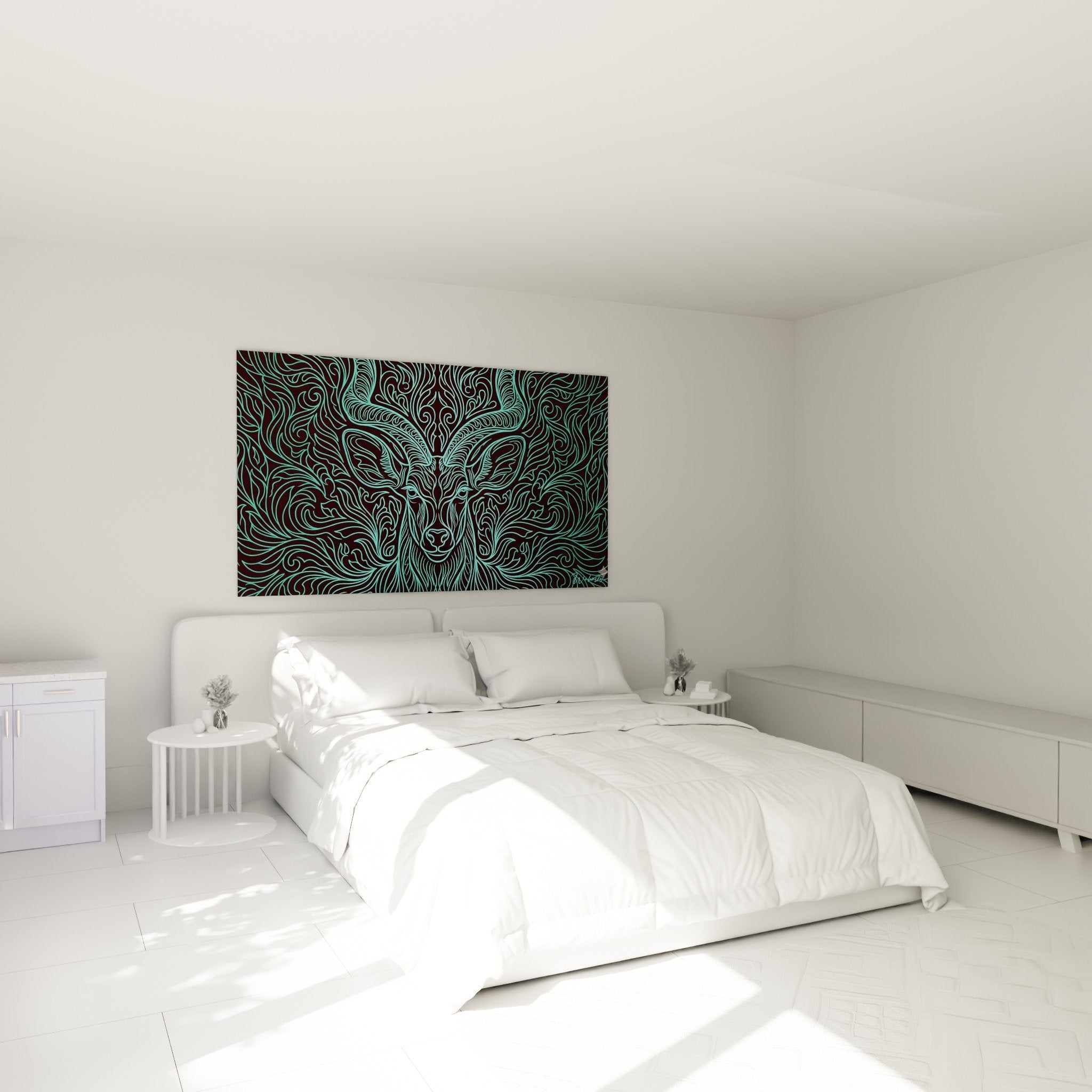 Décoration chambre avec tableau élan turquoise au-dessus du lit dans intérieur moderne