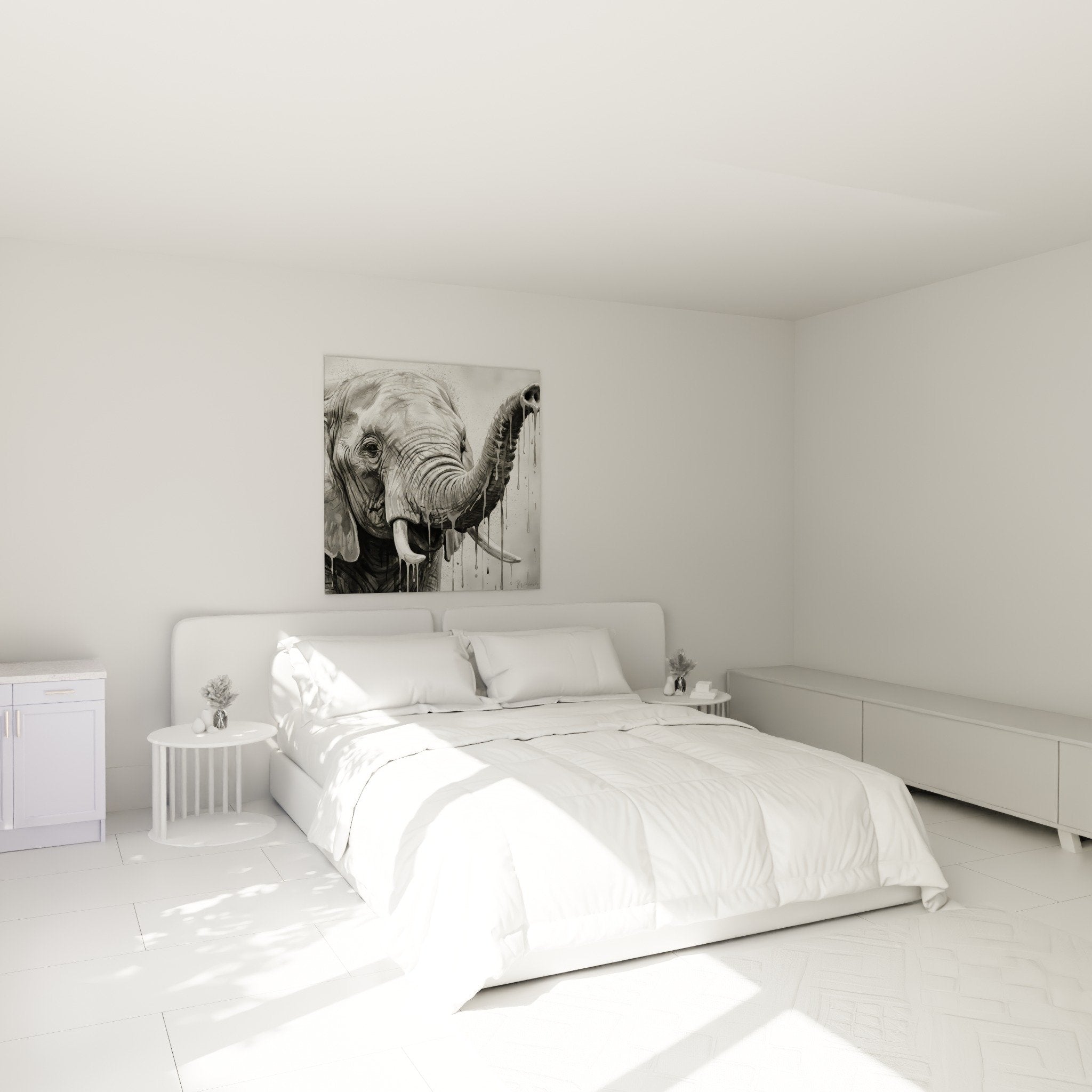 Deco chambre moderne avec tableau elephant street art noir blanc coulures peinture murale contemporaine