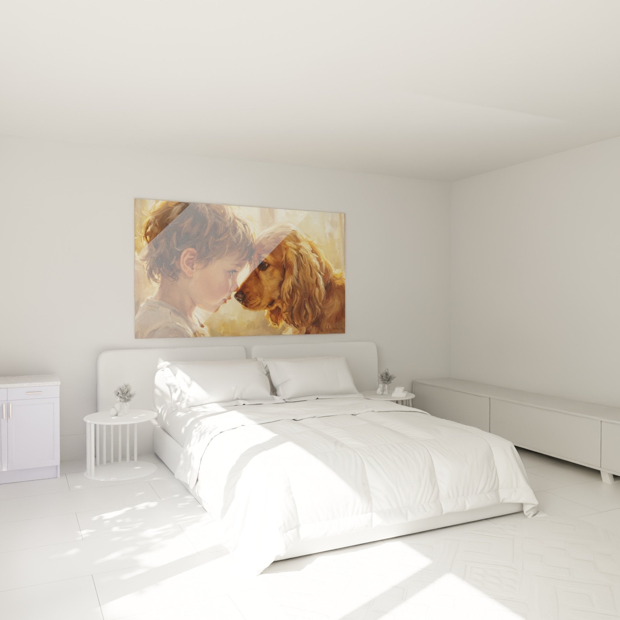 Tableau enfant et cocker anglais tons chauds déco chambre ambiance douce réalisme émotionnel