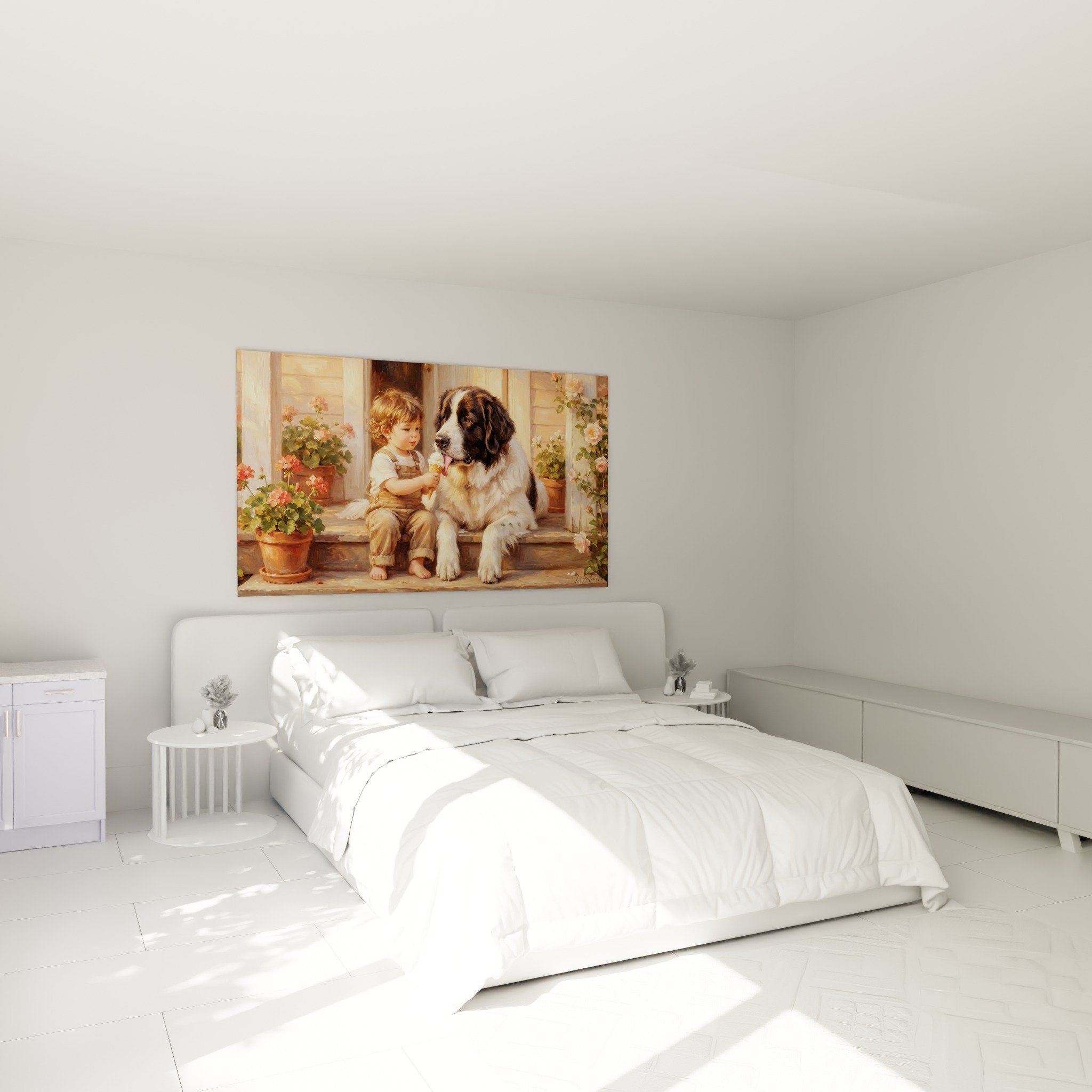 Deco chambre tableau enfant Landseer partage glace ambiance tendre roses poudrées tons beiges chaleureux