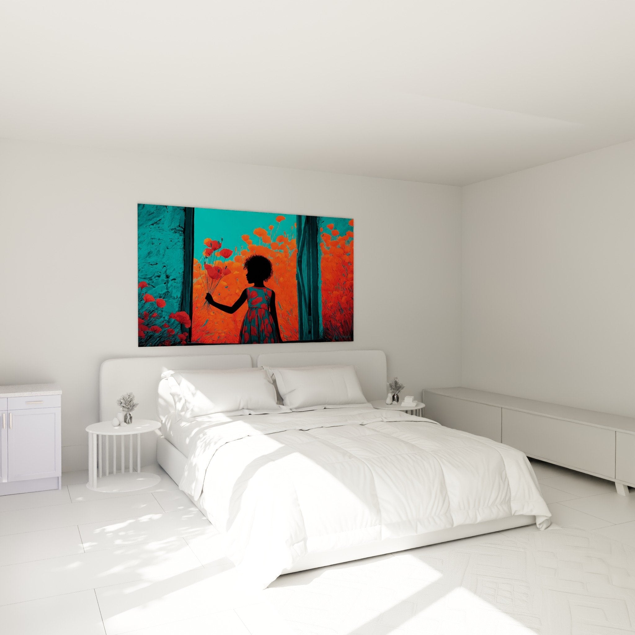 Tableau enfant jardin orange turquoise decoration chambre murale contemporaine